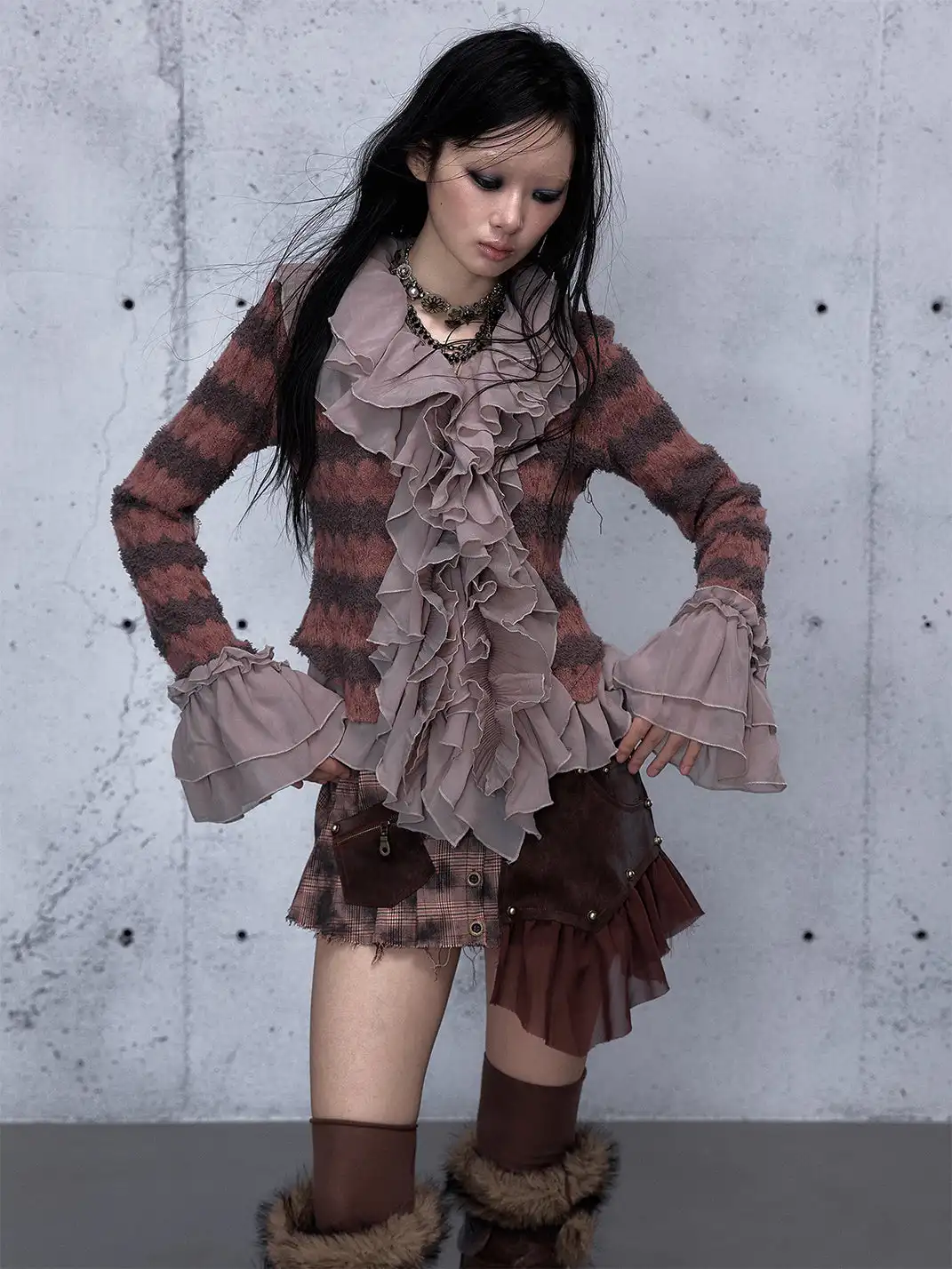 NO ROMANCE | Ruffled Knit Chiffon Flare Sleeve Cardigan Top