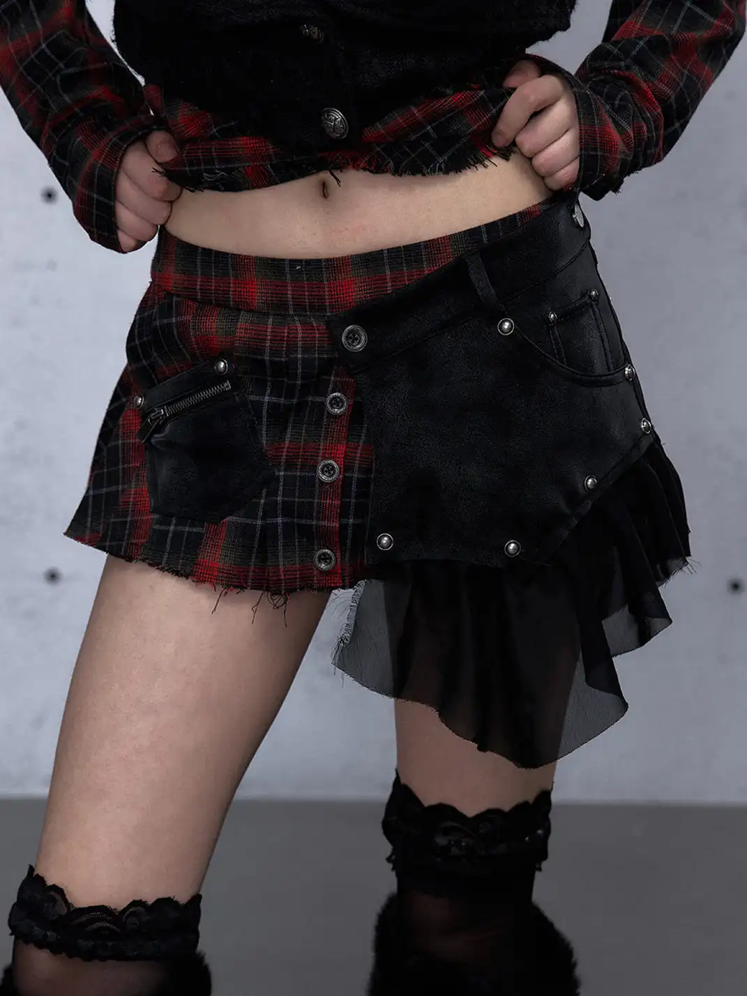 NO ROMANCE | Heavyweight Plaid Spliced Detachable Pleated Skirt