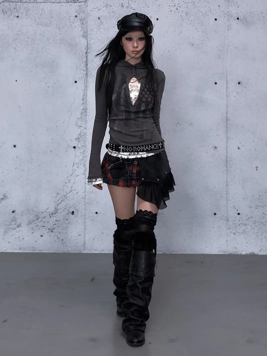 NO ROMANCE | Heavyweight Plaid Spliced Detachable Pleated Skirt