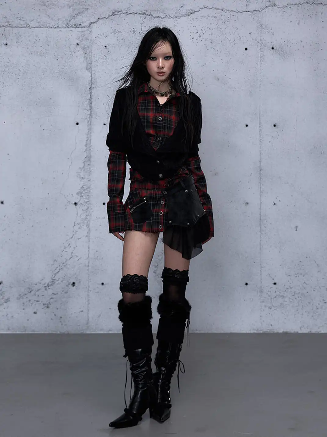 NO ROMANCE | Heavyweight Plaid Spliced Detachable Pleated Skirt