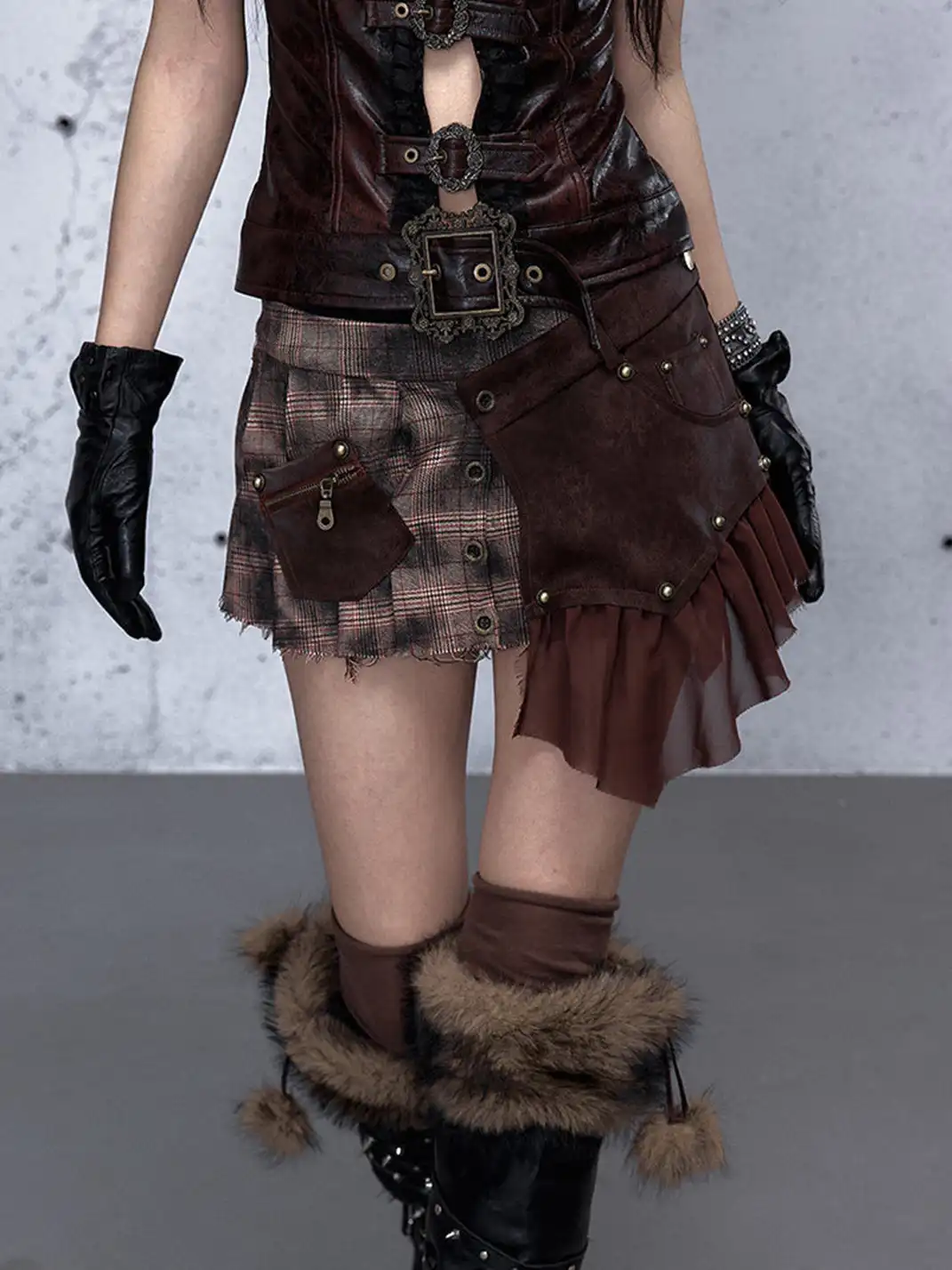 NO ROMANCE | Heavyweight Plaid Spliced Detachable Pleated Skirt