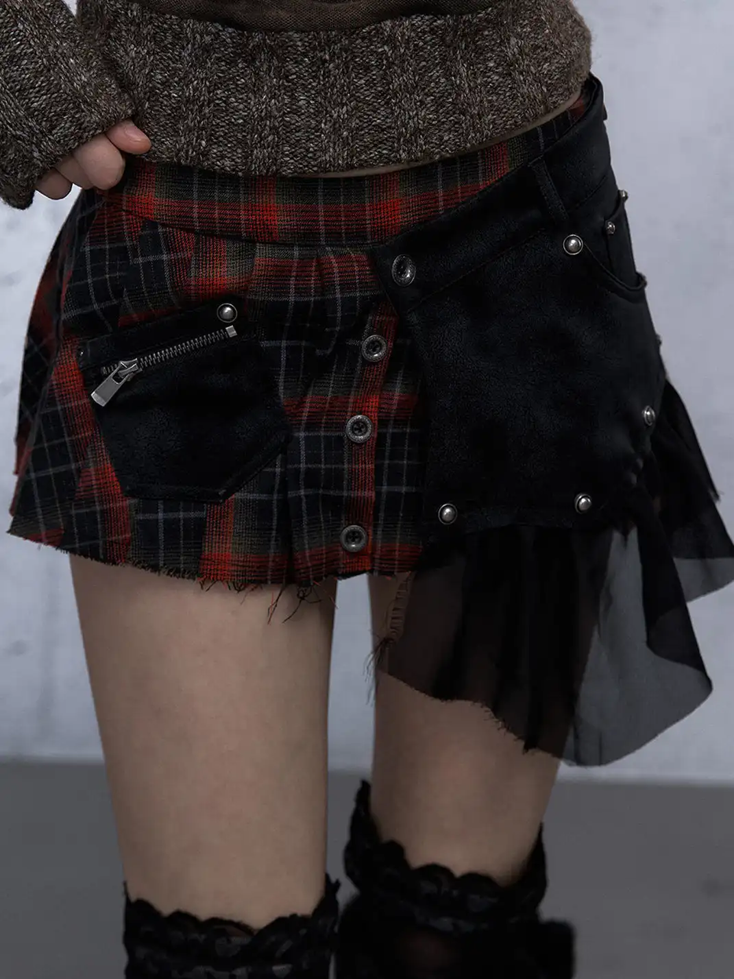 NO ROMANCE | Heavyweight Plaid Spliced Detachable Pleated Skirt