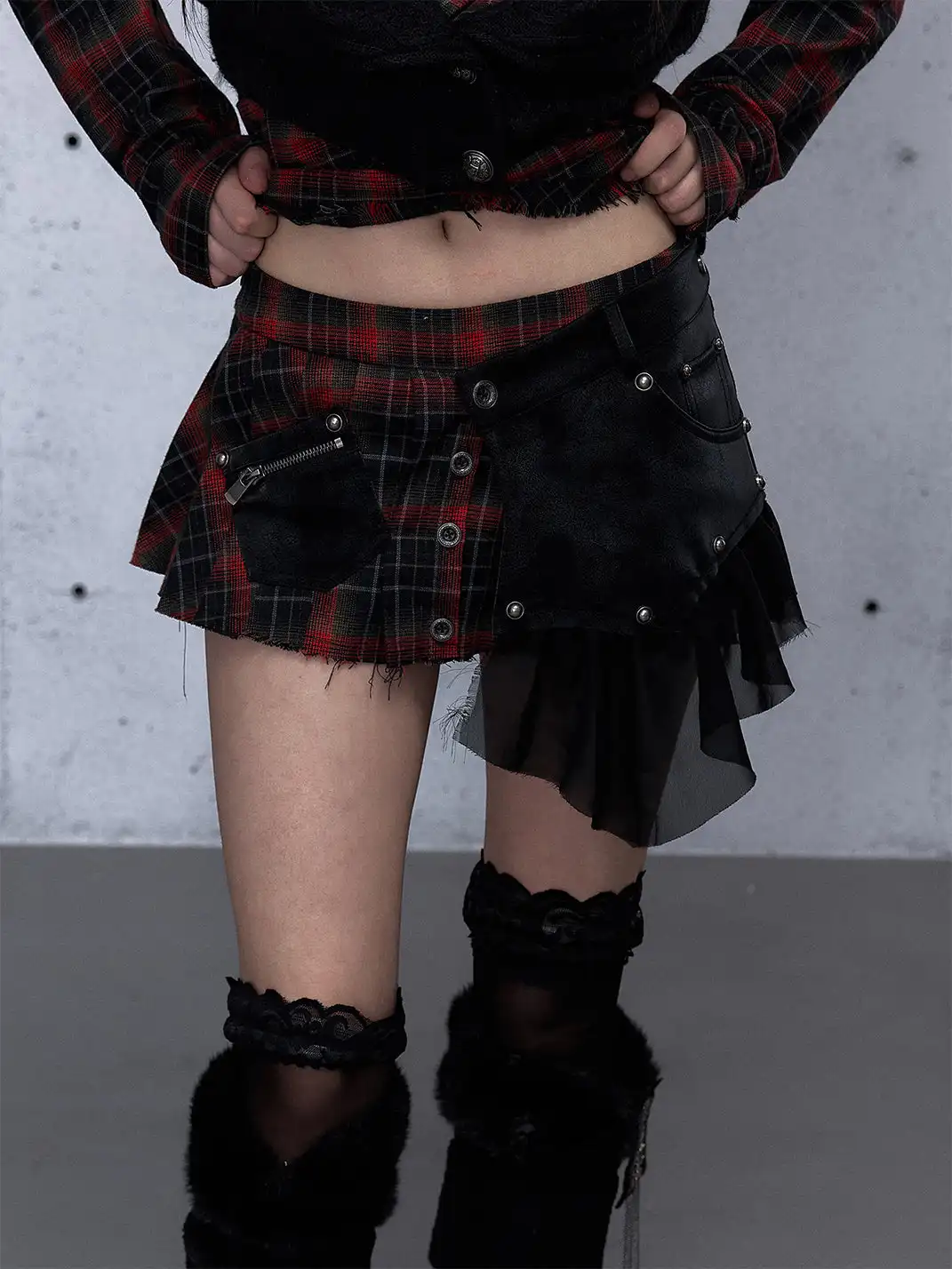 NO ROMANCE | Heavyweight Plaid Spliced Detachable Pleated Skirt