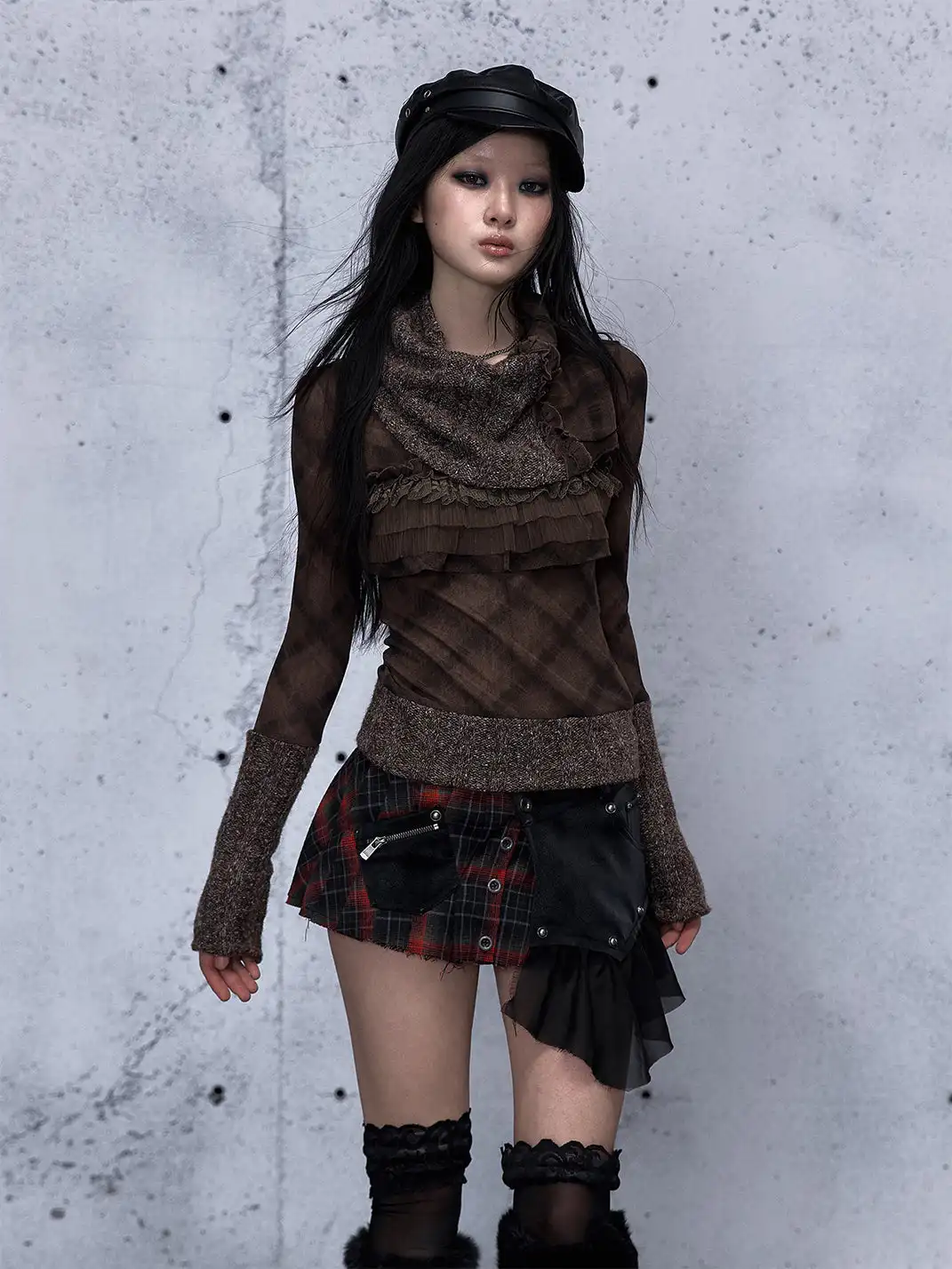 NO ROMANCE | Heavyweight Plaid Spliced Detachable Pleated Skirt