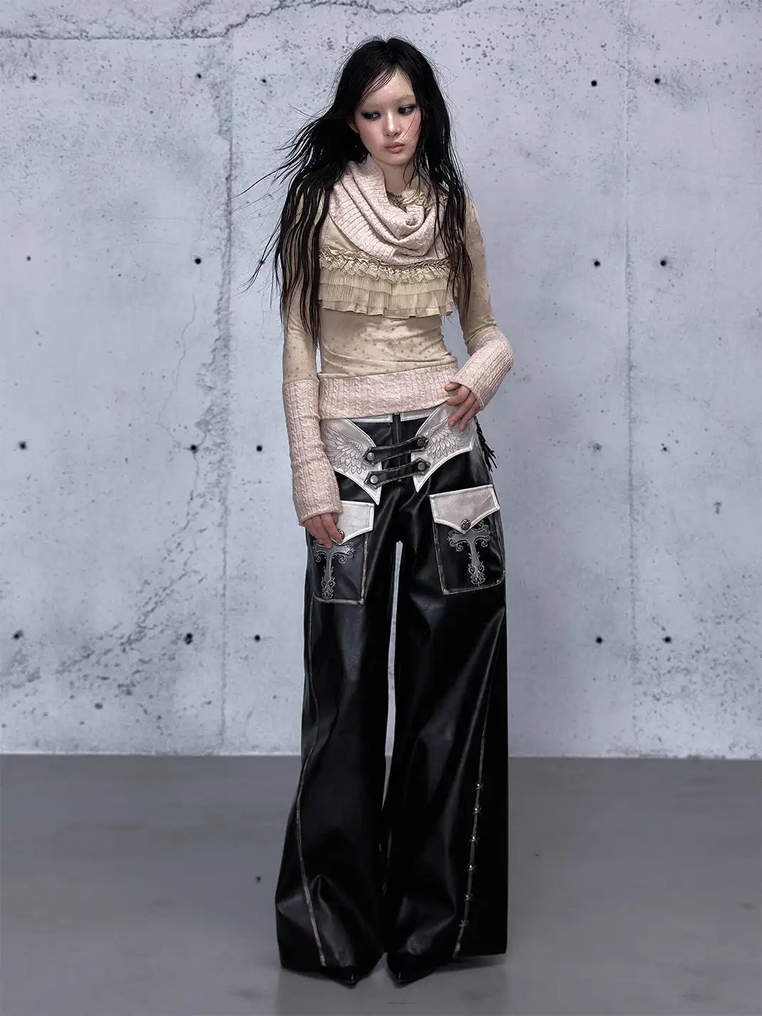 NO ROMANCE | Fake Two-Piece Embroidered Brushed Leather Pants