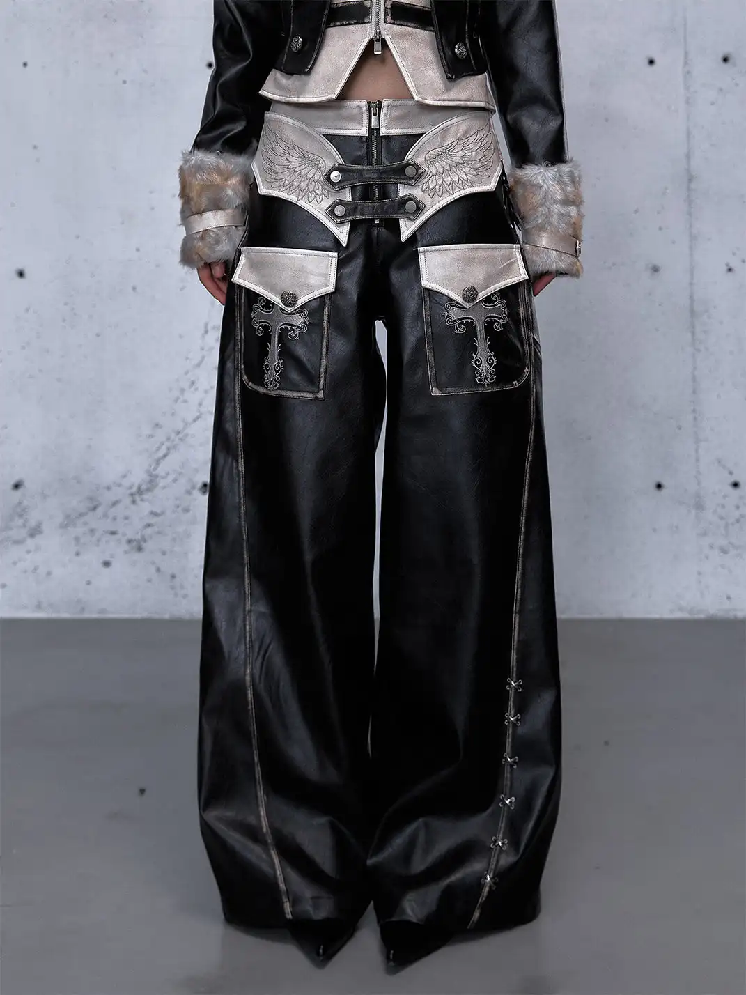 NO ROMANCE | Fake Two-Piece Embroidered Brushed Leather Pants