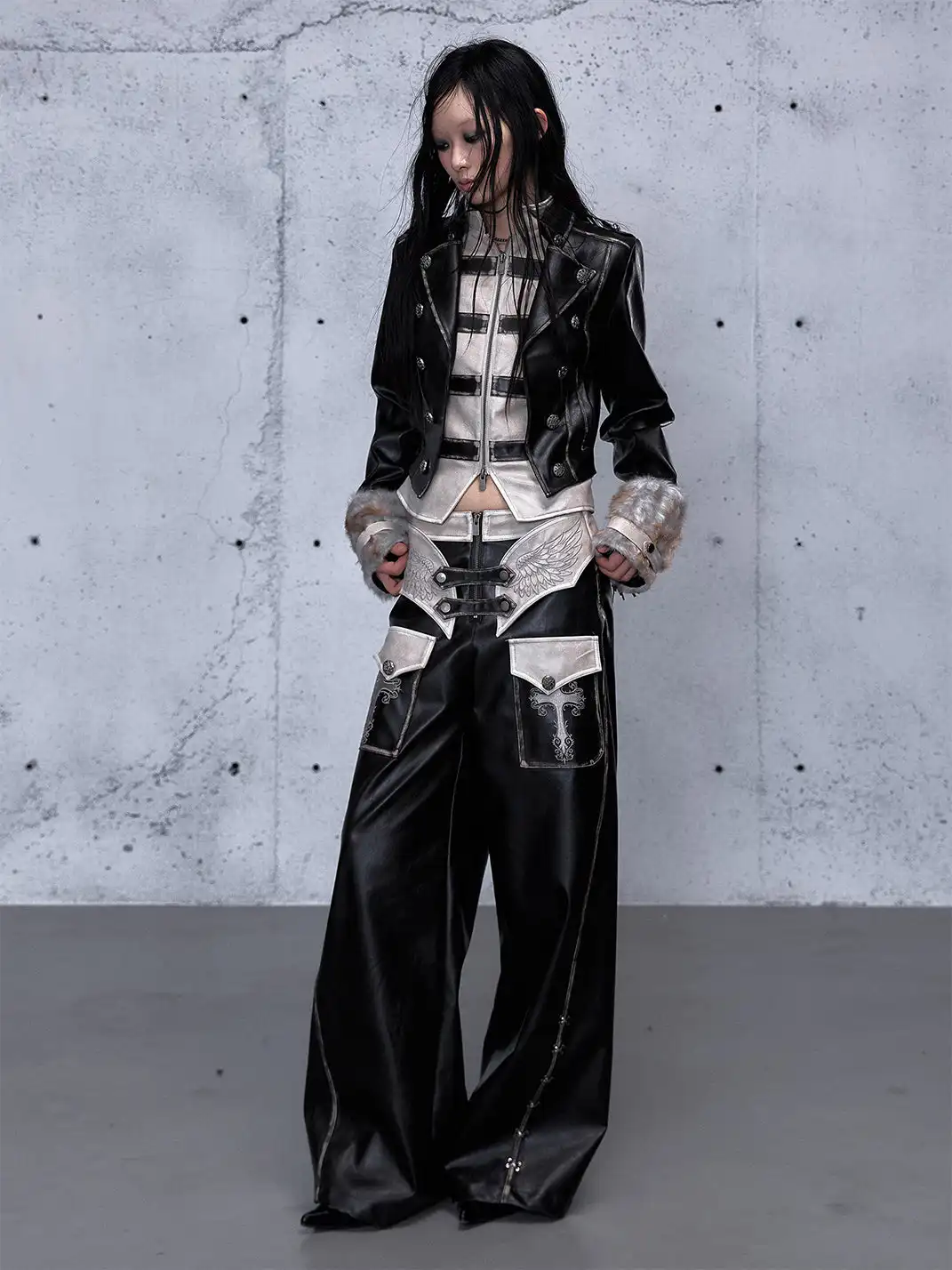 NO ROMANCE | Fake Two-Piece Embroidered Brushed Leather Pants