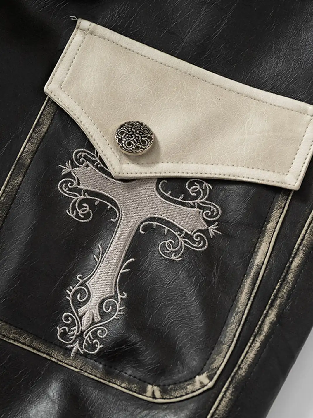 NO ROMANCE | Fake Two-Piece Embroidered Brushed Leather Pants