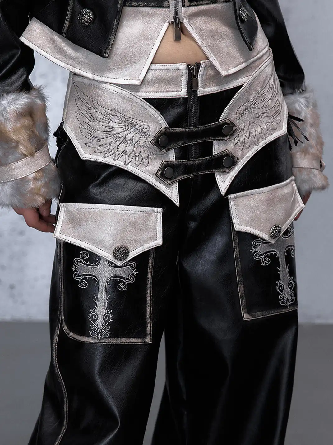 NO ROMANCE | Fake Two-Piece Embroidered Brushed Leather Pants