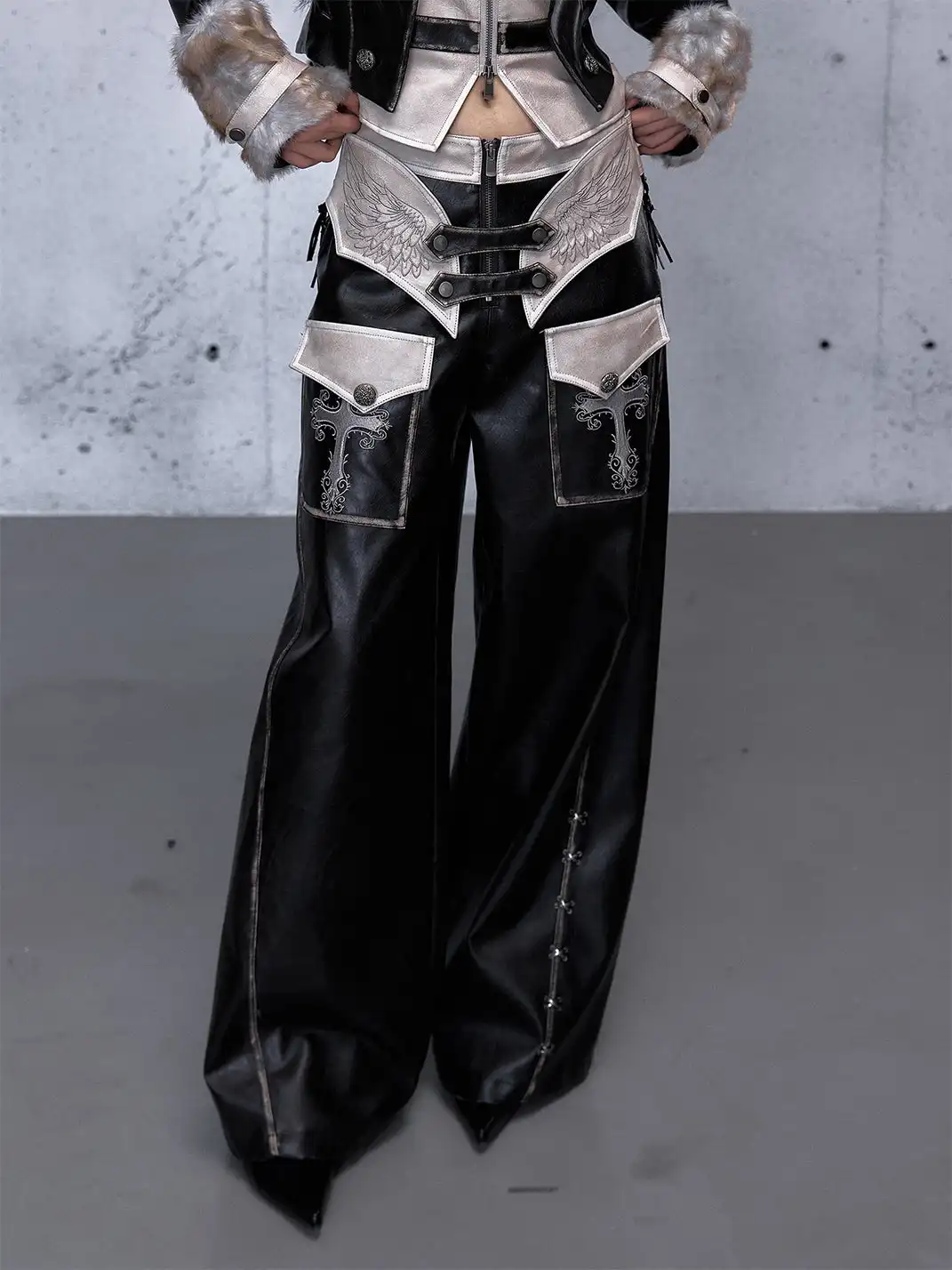 NO ROMANCE | Fake Two-Piece Embroidered Brushed Leather Pants