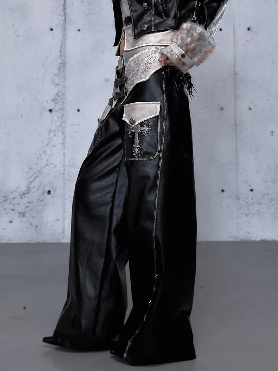 NO ROMANCE | Fake Two-Piece Embroidered Brushed Leather Pants