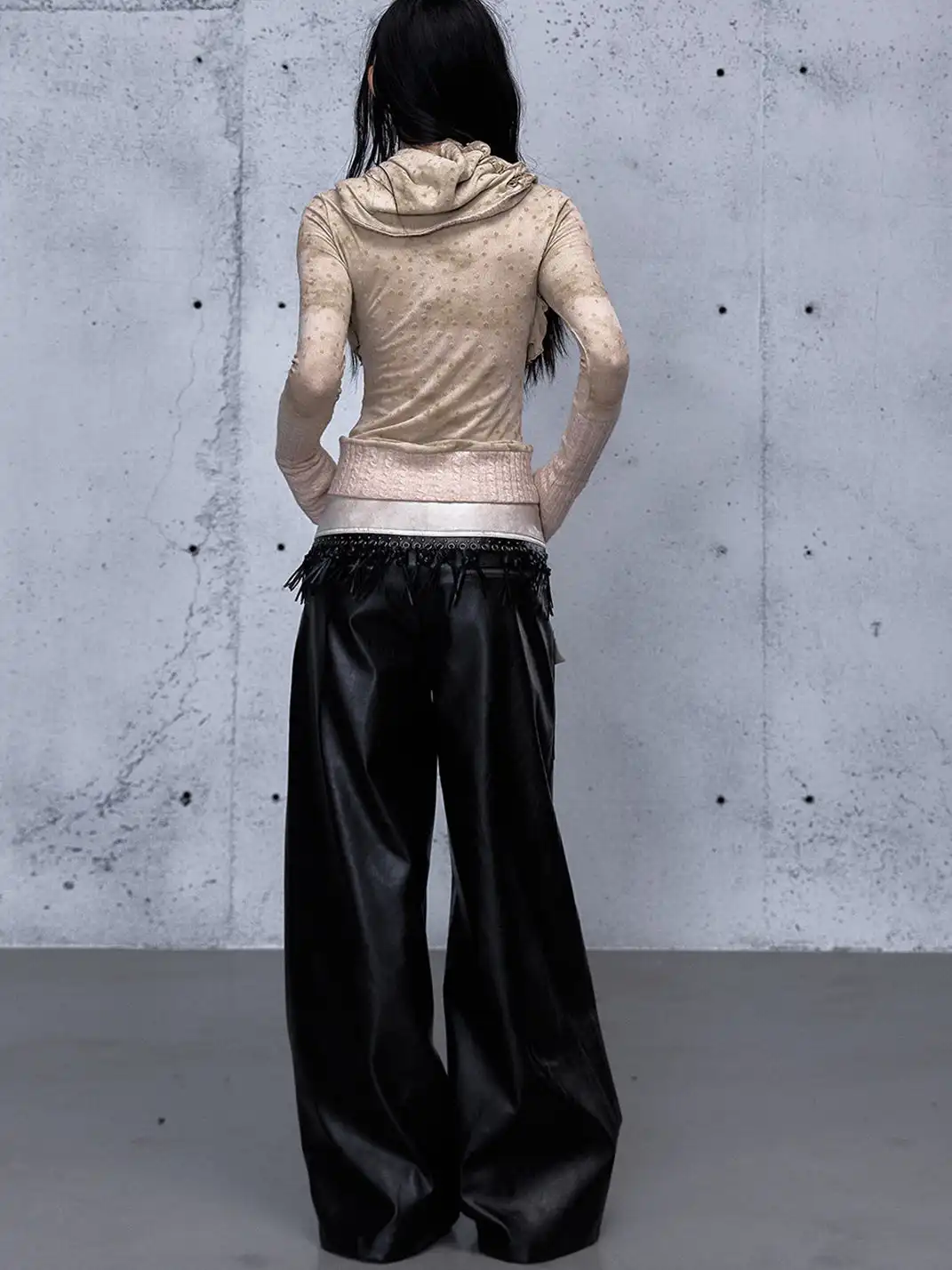 NO ROMANCE | Fake Two-Piece Embroidered Brushed Leather Pants