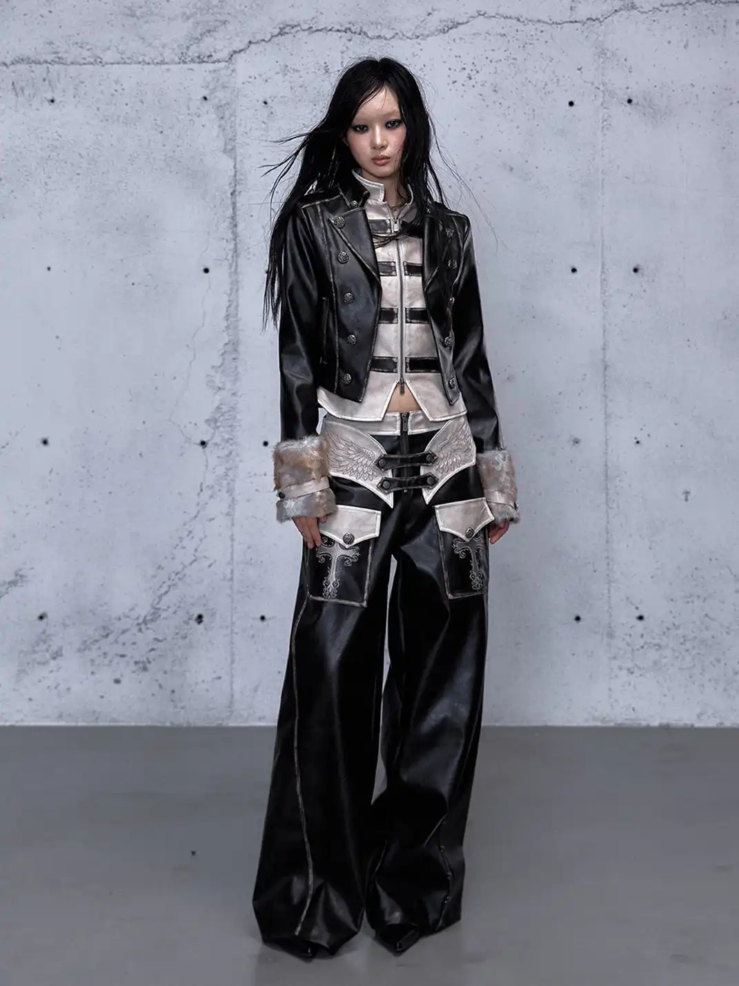NO ROMANCE | Fake Two-Piece Embroidered Brushed Leather Pants