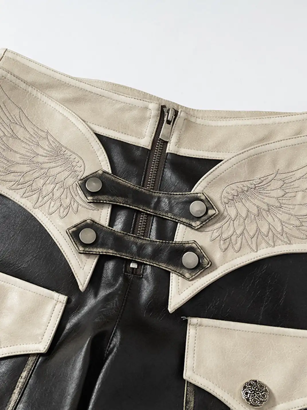 NO ROMANCE | Fake Two-Piece Embroidered Brushed Leather Pants
