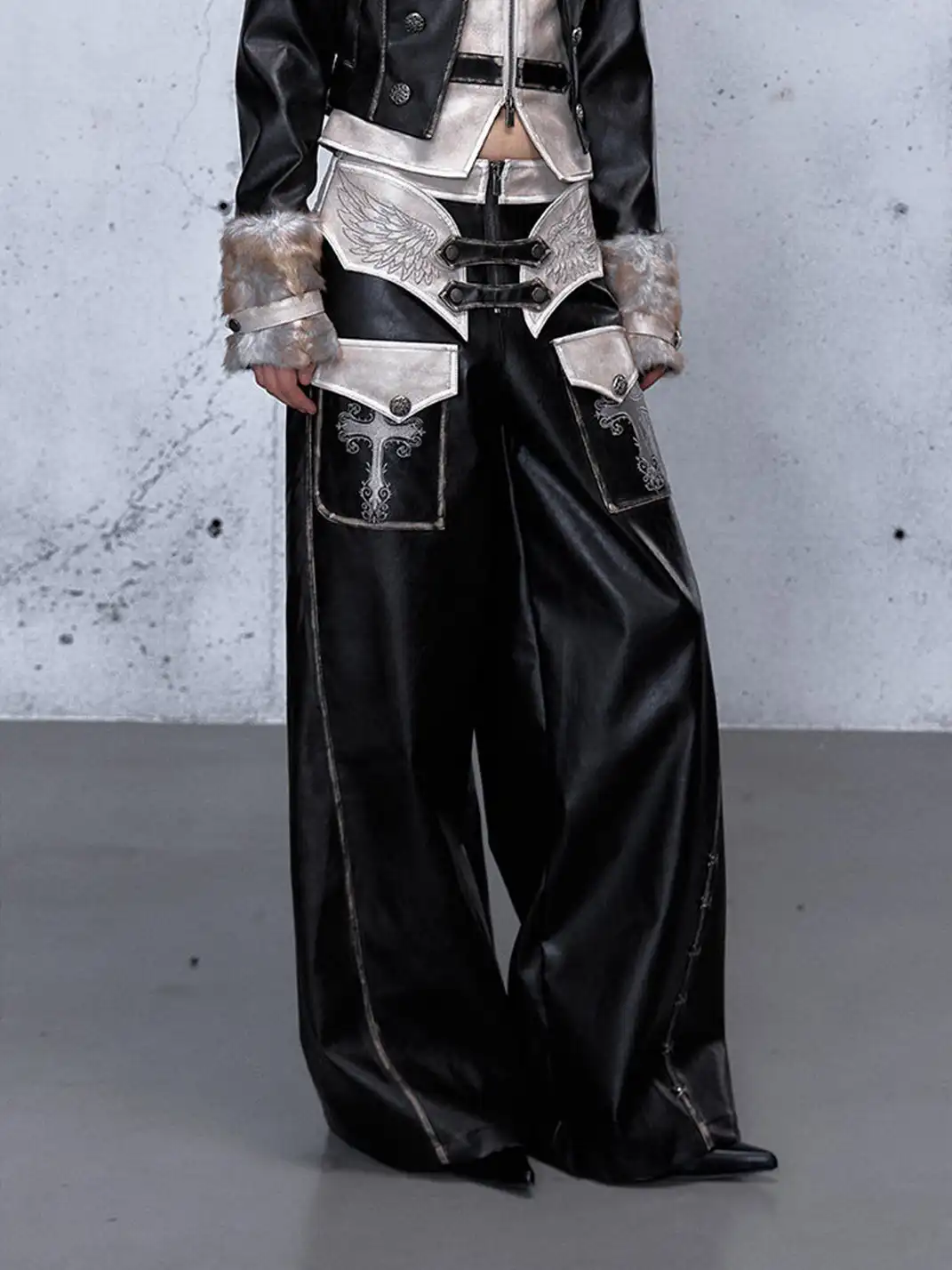 NO ROMANCE | Fake Two-Piece Embroidered Brushed Leather Pants
