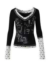 NO ROMANCE | V-Neck Spliced Stretch Base Layer Top