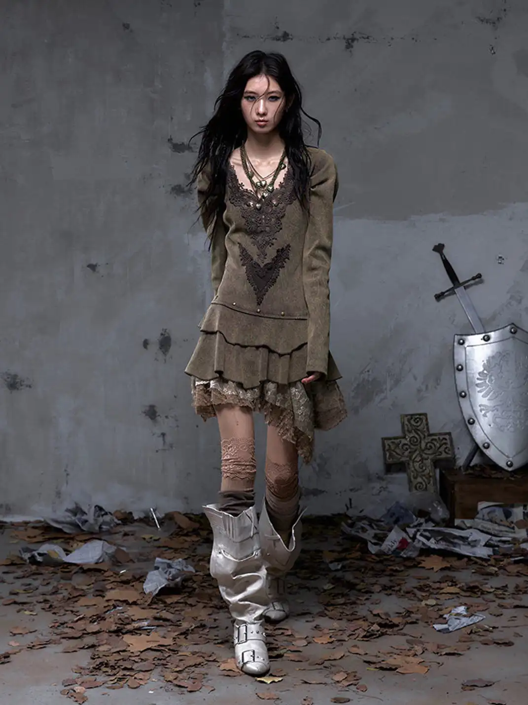 NO ROMANCE | V-Neck Knitted Long Sleeve Dress