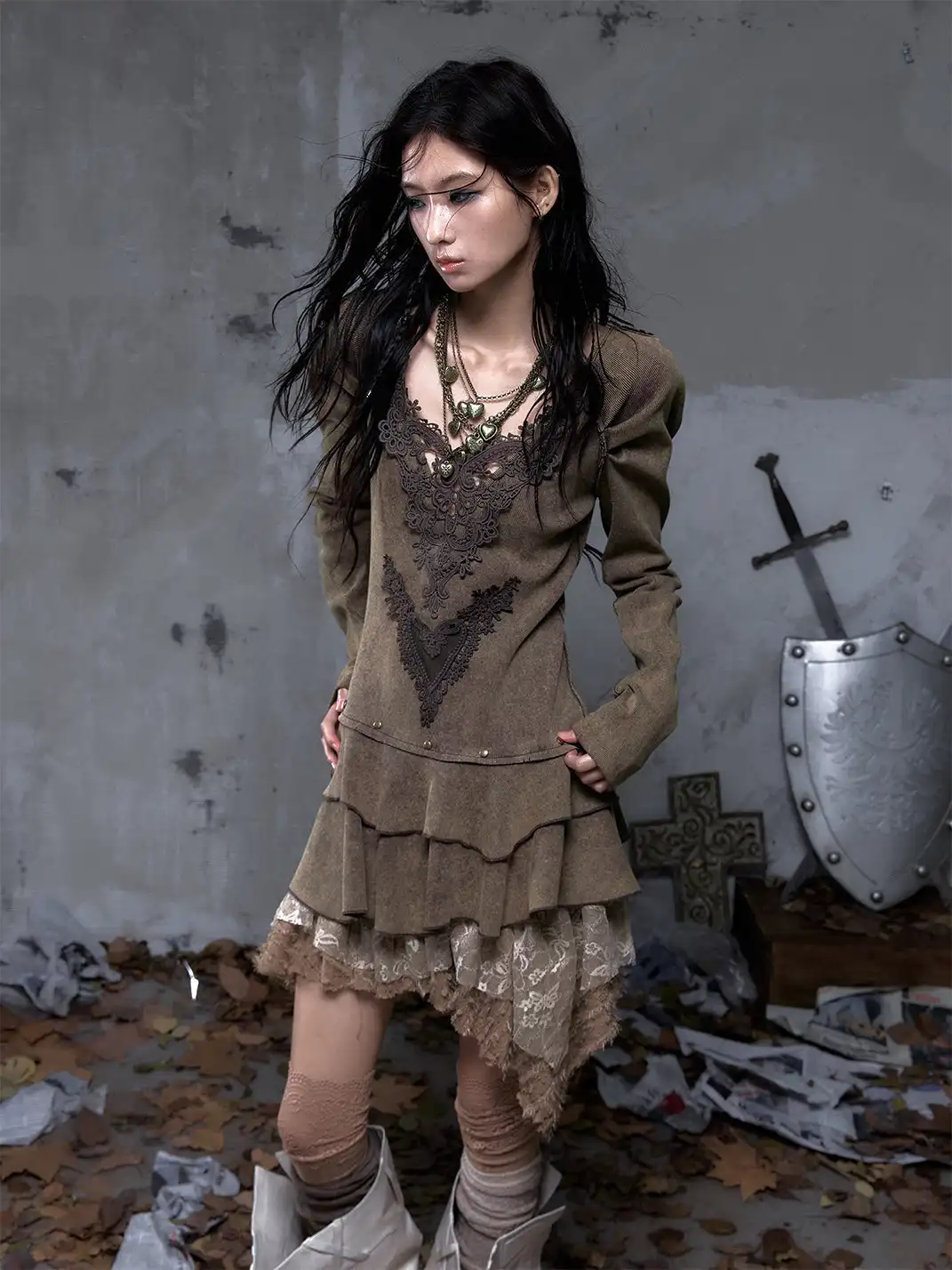 NO ROMANCE | V-Neck Knitted Long Sleeve Dress