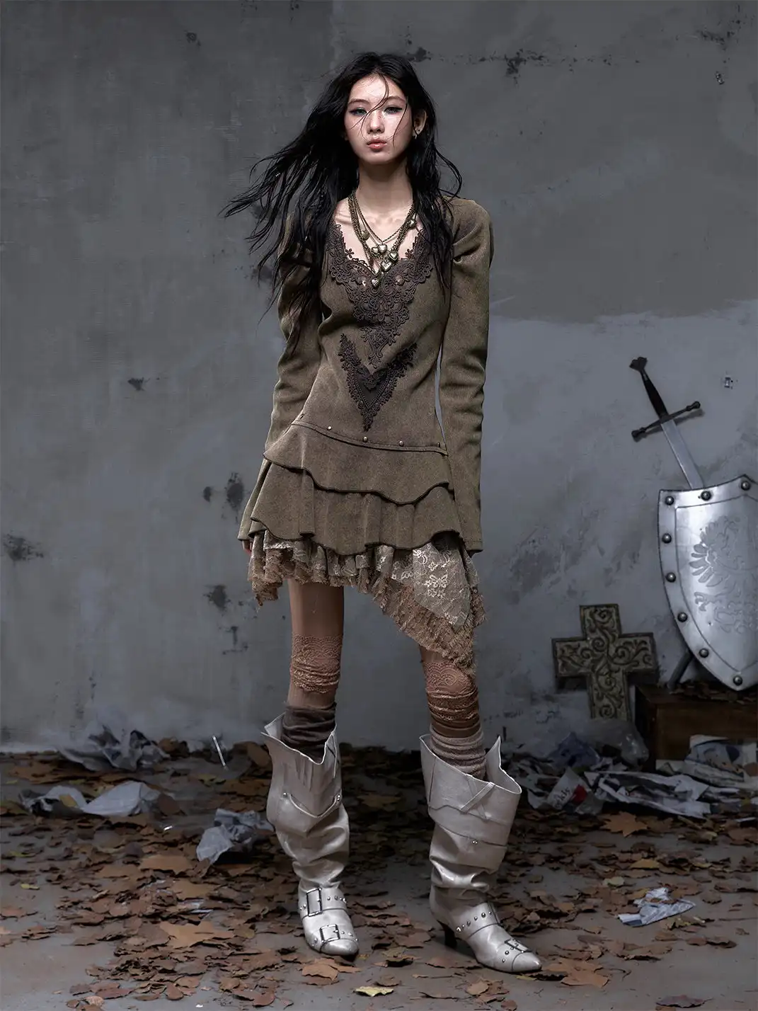 NO ROMANCE | V-Neck Knitted Long Sleeve Dress