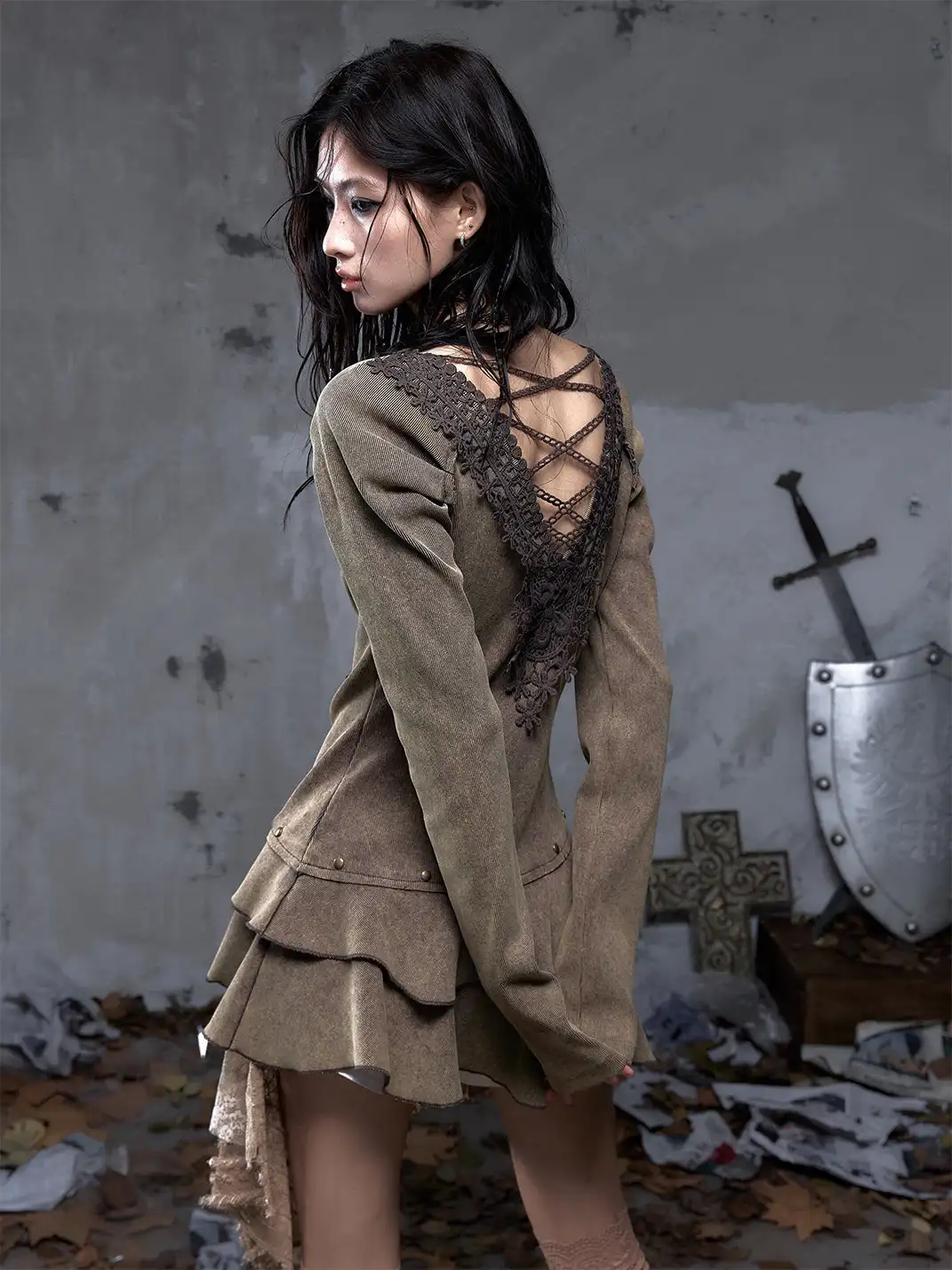 NO ROMANCE | V-Neck Knitted Long Sleeve Dress