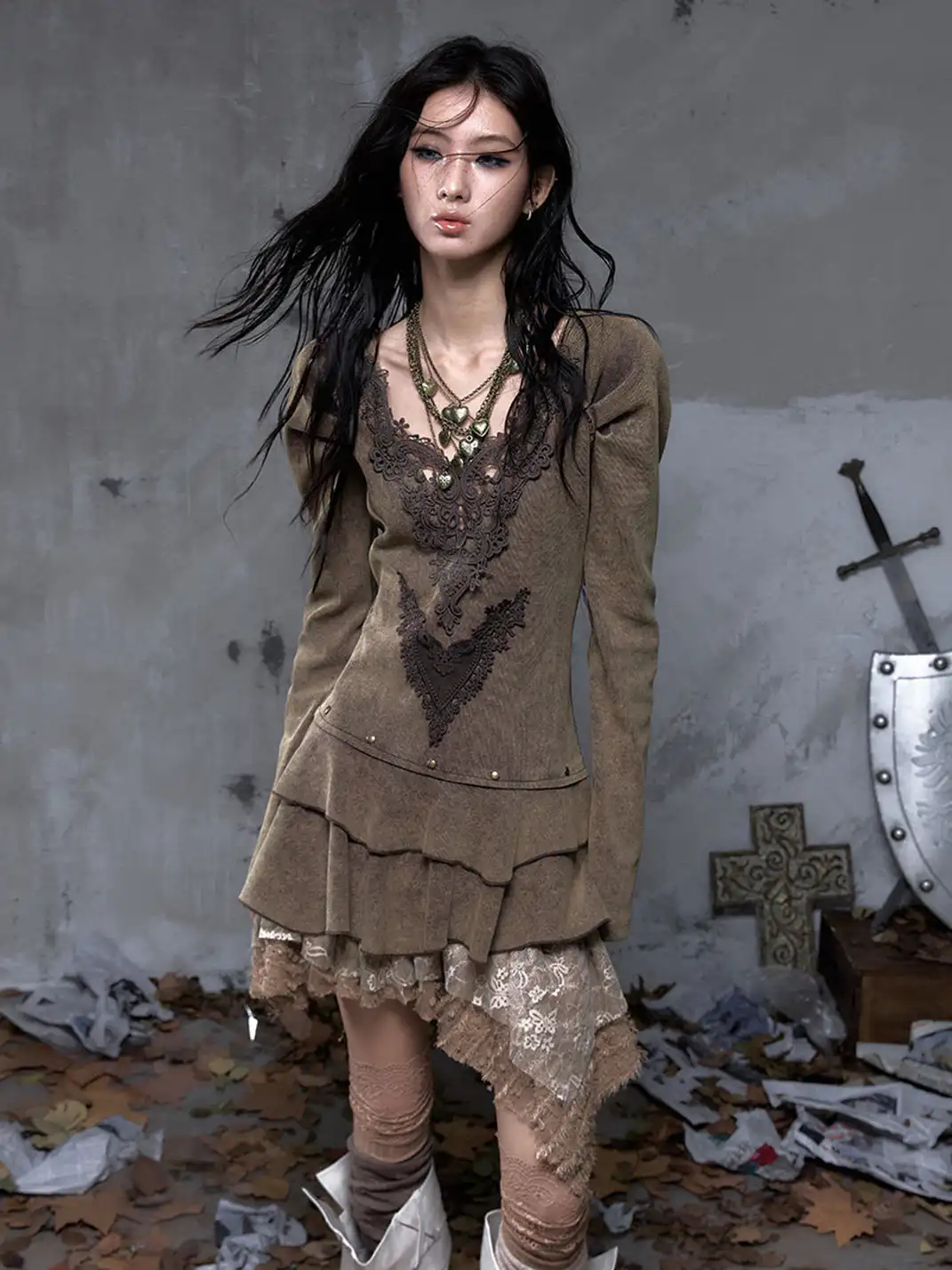 NO ROMANCE | V-Neck Knitted Long Sleeve Dress