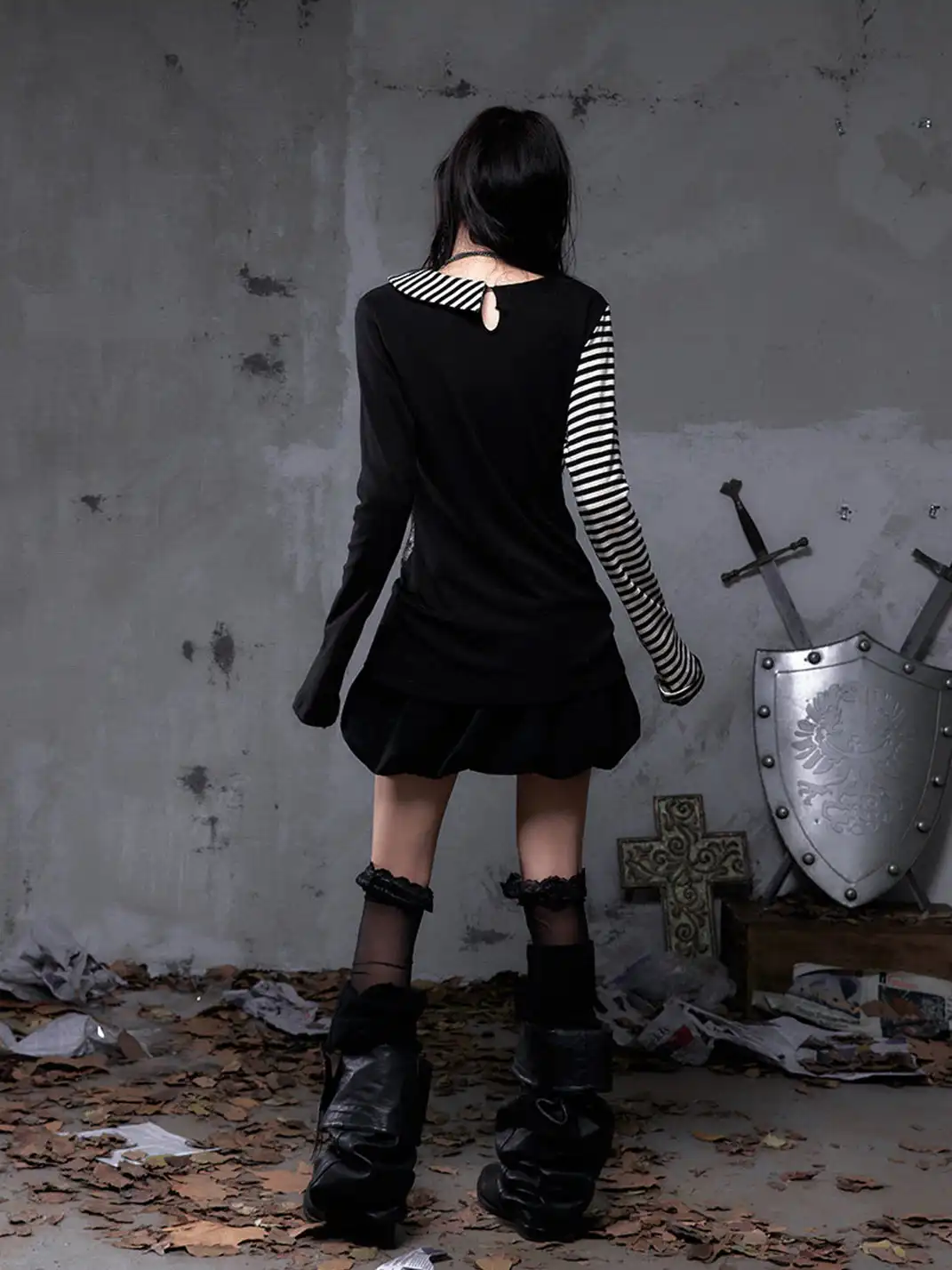 NO ROMANCE | Fake Two-Piece Striped Knitted Long Sleeve T-Shirt