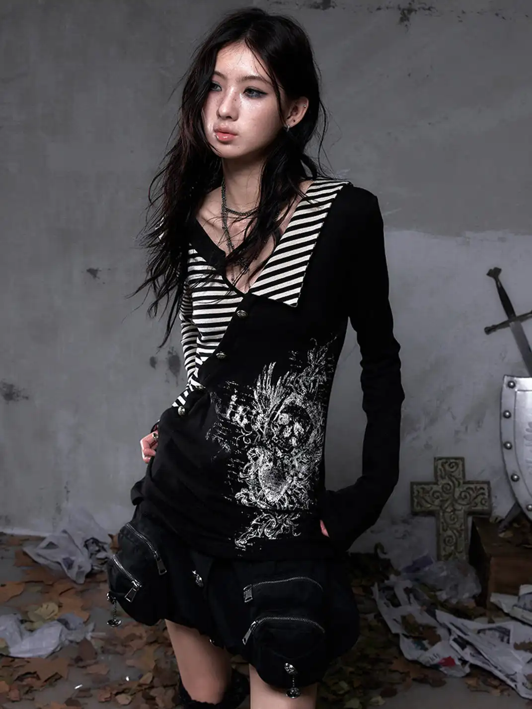 NO ROMANCE | Fake Two-Piece Striped Knitted Long Sleeve T-Shirt
