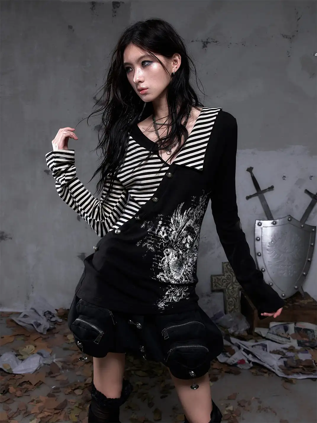NO ROMANCE | Fake Two-Piece Striped Knitted Long Sleeve T-Shirt