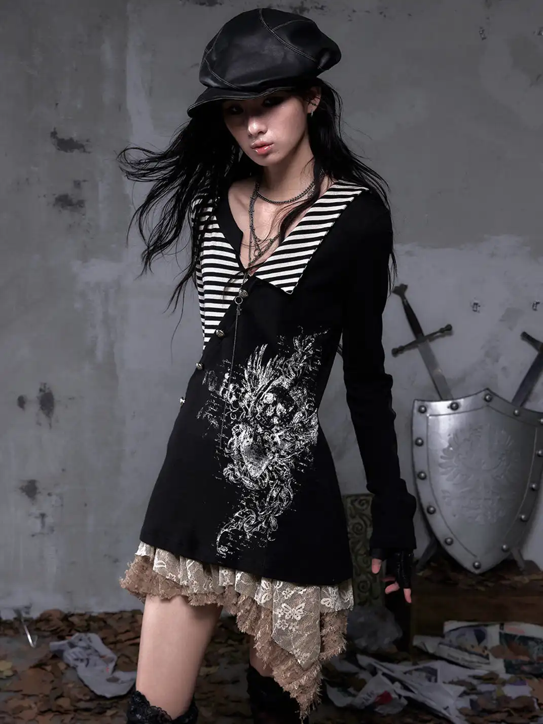 NO ROMANCE | Fake Two-Piece Striped Knitted Long Sleeve T-Shirt
