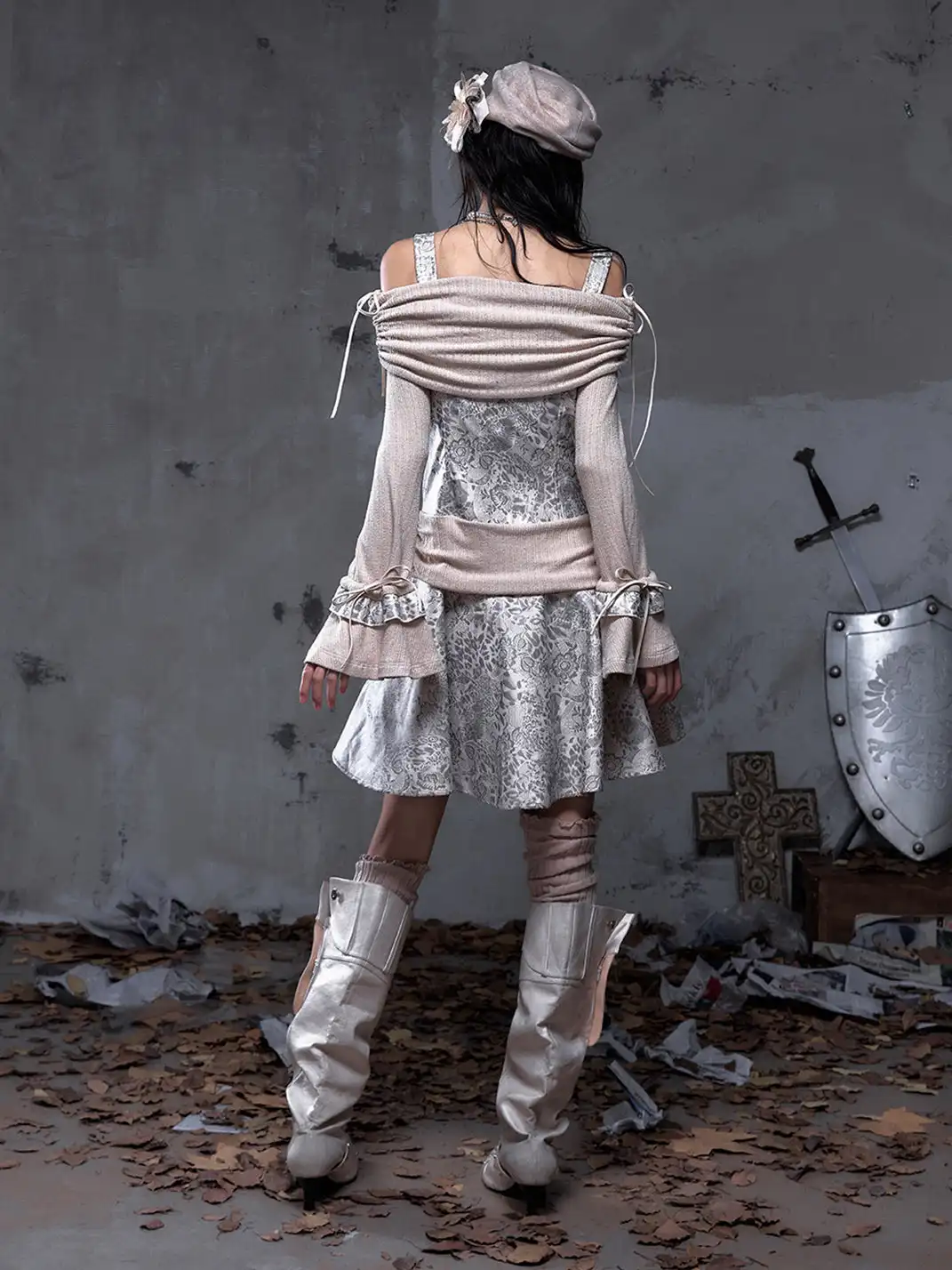 NO ROMANCE | Vintage Punk Spliced Leather Knitted Off-Shoulder Dress