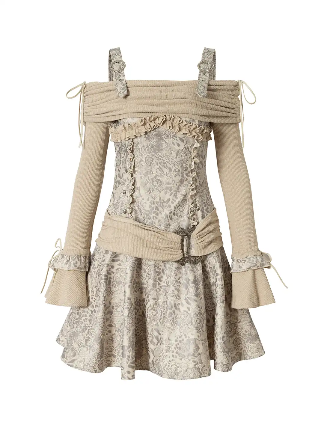 NO ROMANCE | Vintage Punk Spliced Leather Knitted Off-Shoulder Dress
