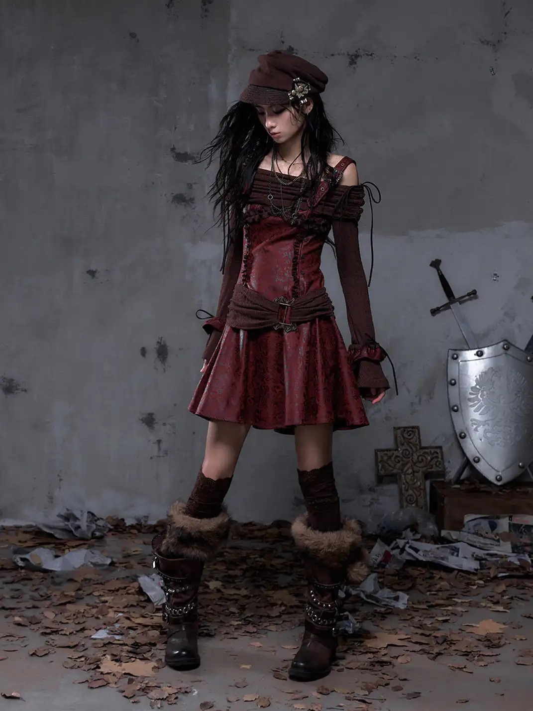NO ROMANCE | Vintage Punk Spliced Leather Knitted Off-Shoulder Dress