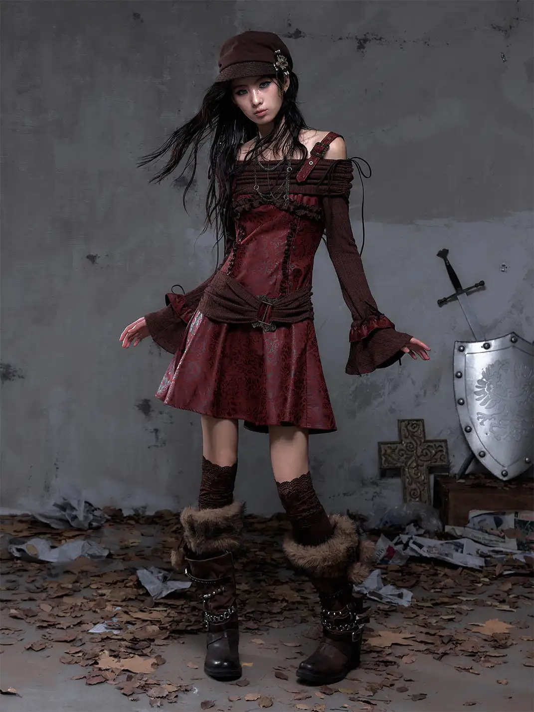 NO ROMANCE | Vintage Punk Spliced Leather Knitted Off-Shoulder Dress