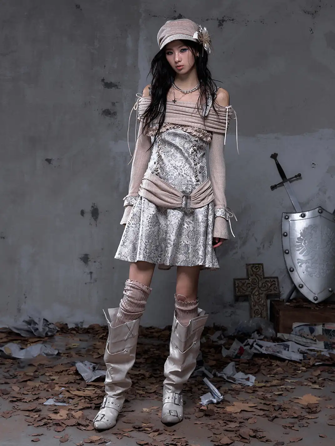NO ROMANCE | Vintage Punk Spliced Leather Knitted Off-Shoulder Dress