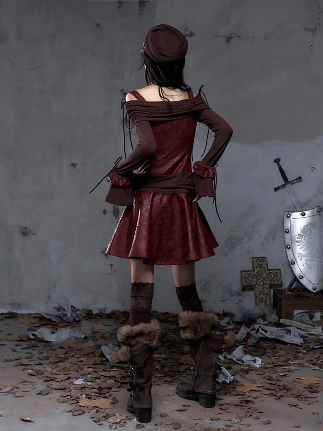 NO ROMANCE | Vintage Punk Spliced Leather Knitted Off-Shoulder Dress