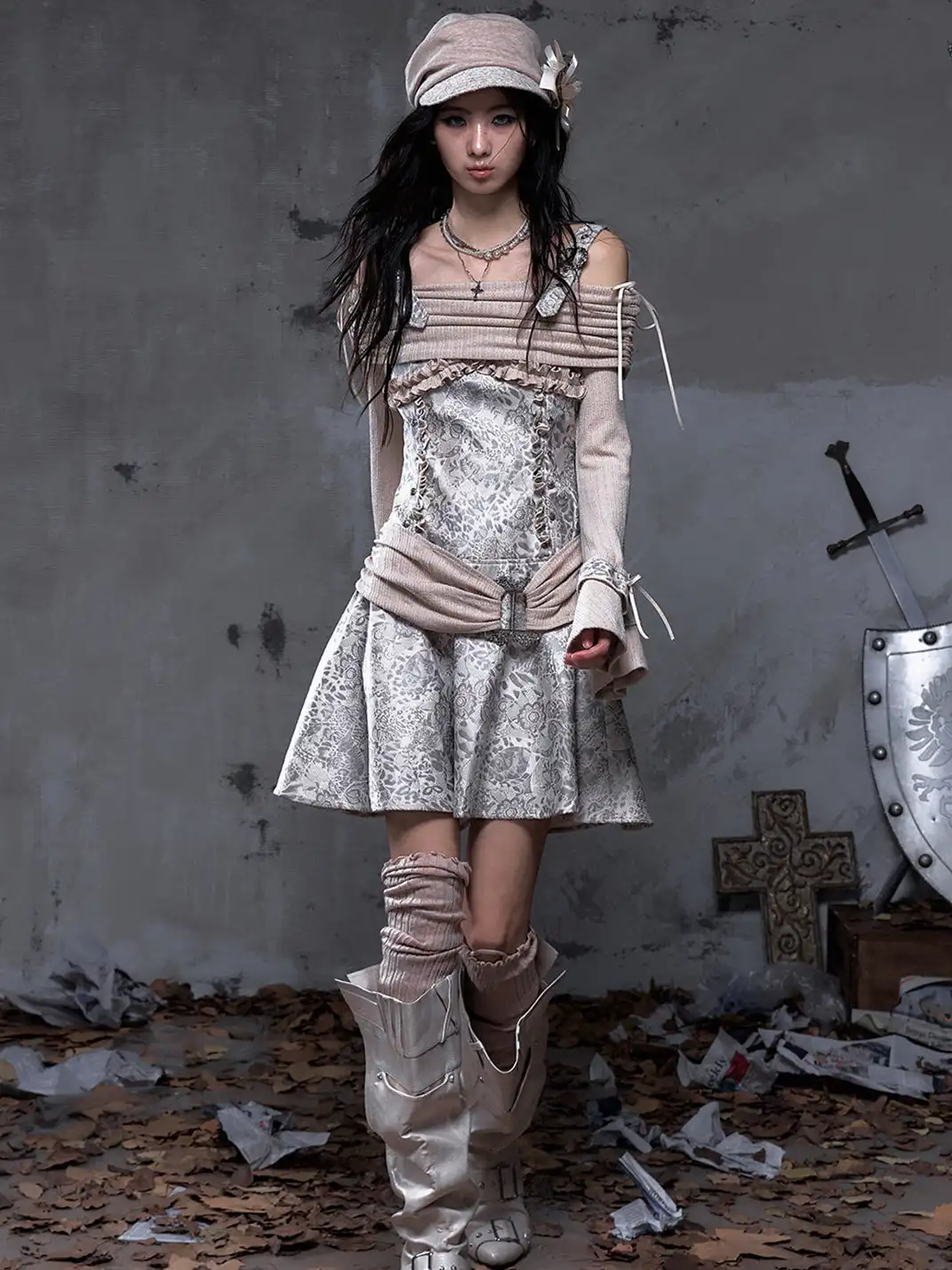 NO ROMANCE | Vintage Punk Spliced Leather Knitted Off-Shoulder Dress