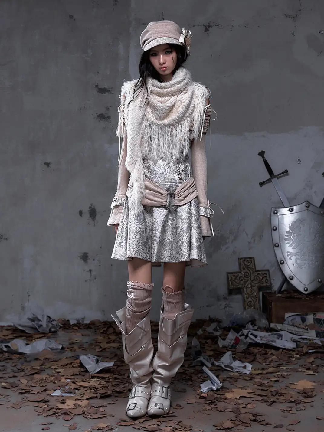 NO ROMANCE | Vintage Punk Spliced Leather Knitted Off-Shoulder Dress