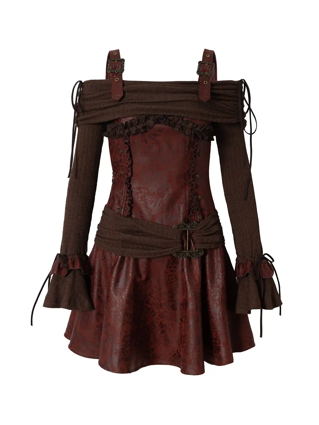 NO ROMANCE | Vintage Punk Spliced Leather Knitted Off-Shoulder Dress