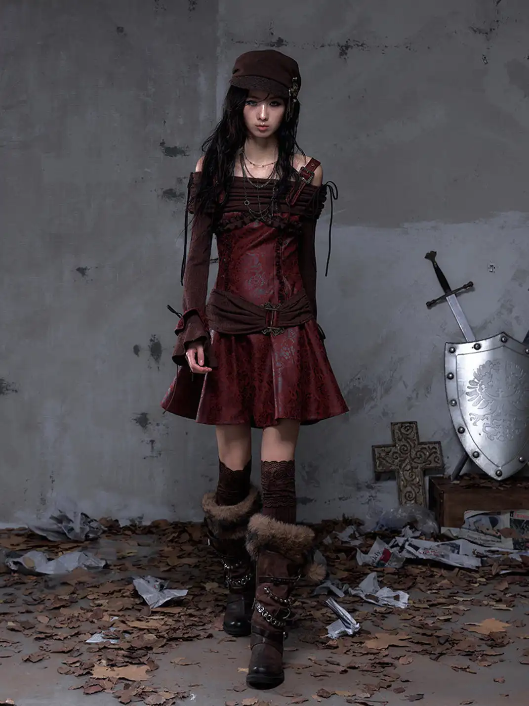 NO ROMANCE | Vintage Punk Spliced Leather Knitted Off-Shoulder Dress