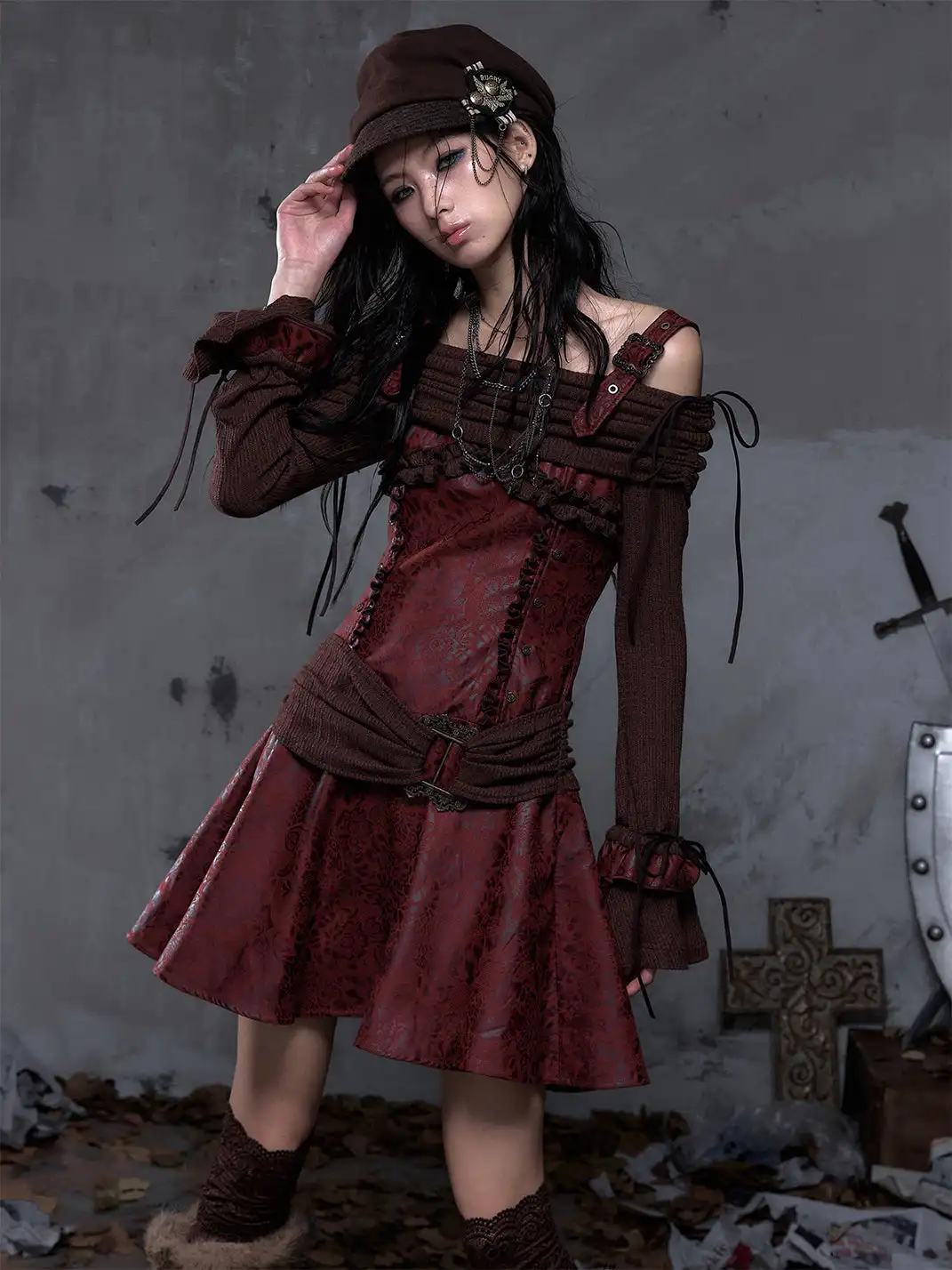 NO ROMANCE | Vintage Punk Spliced Leather Knitted Off-Shoulder Dress