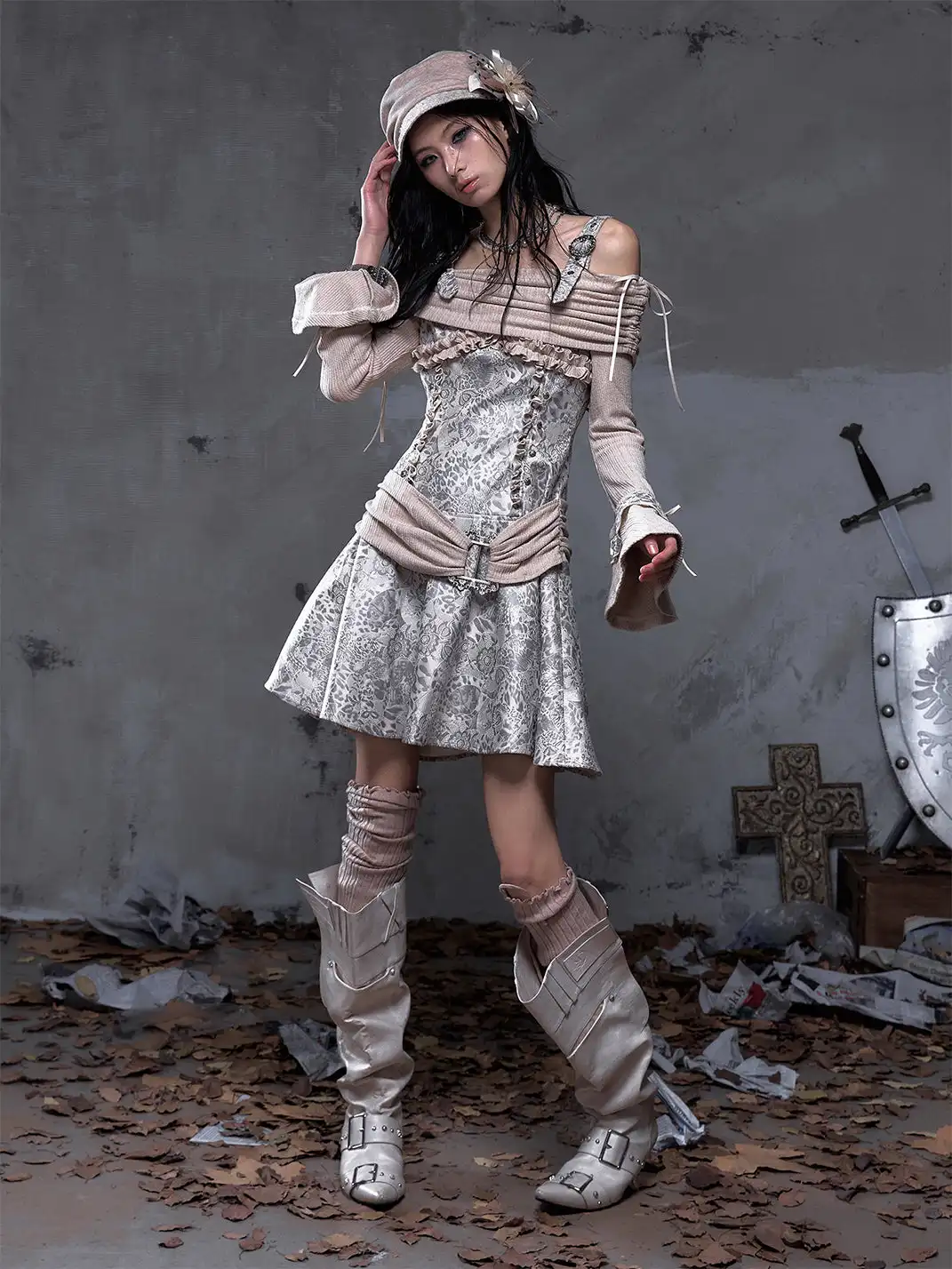 NO ROMANCE | Vintage Punk Spliced Leather Knitted Off-Shoulder Dress