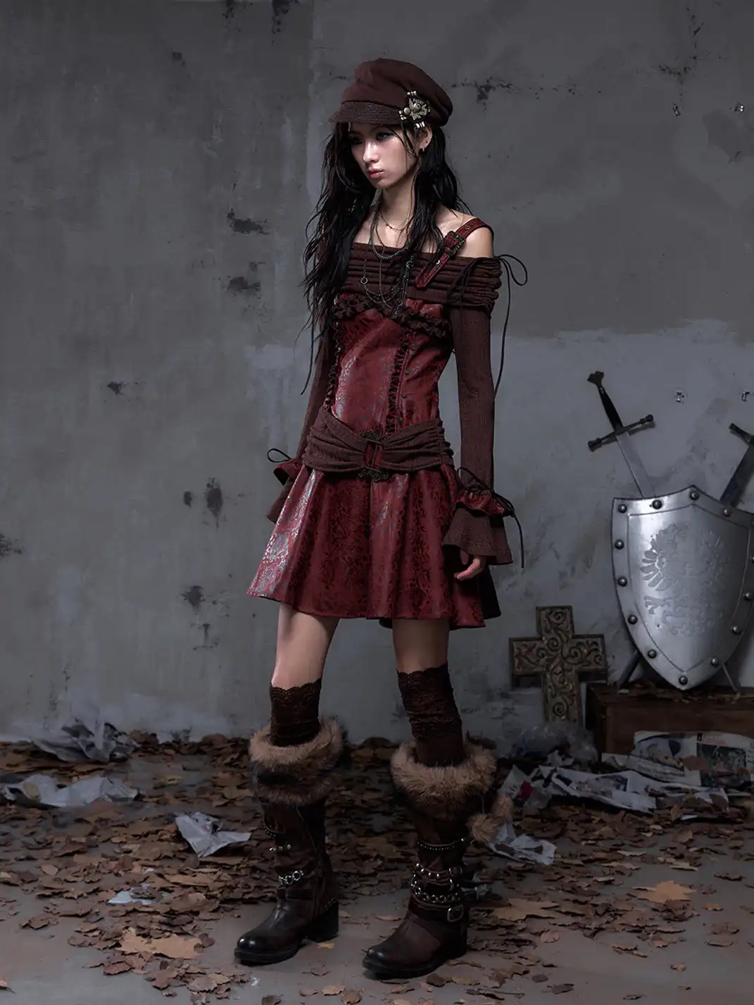 NO ROMANCE | Vintage Punk Spliced Leather Knitted Off-Shoulder Dress