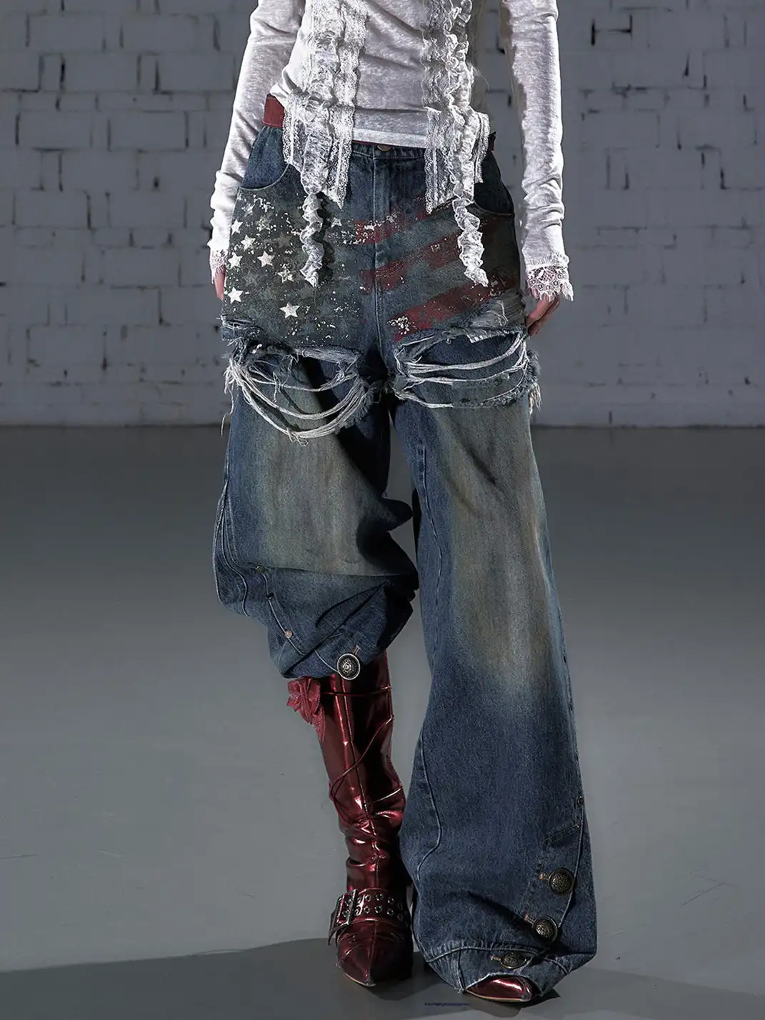 NO ROMANCE | Printed Fake Two-Piece Wide Leg Jeans