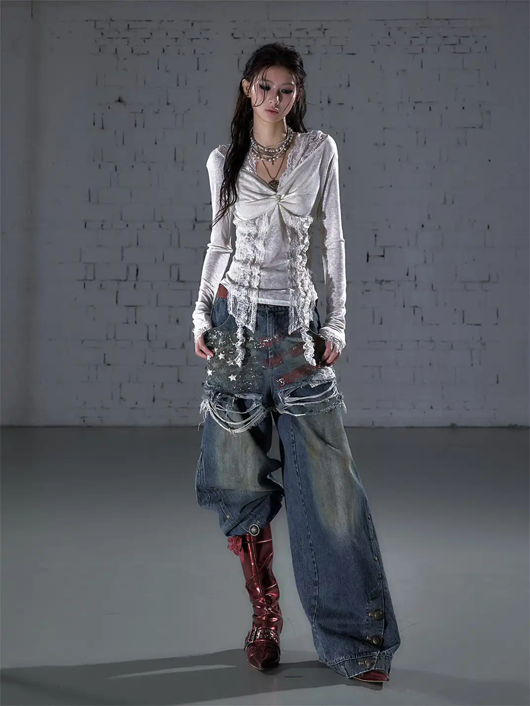 NO ROMANCE | Printed Fake Two-Piece Wide Leg Jeans