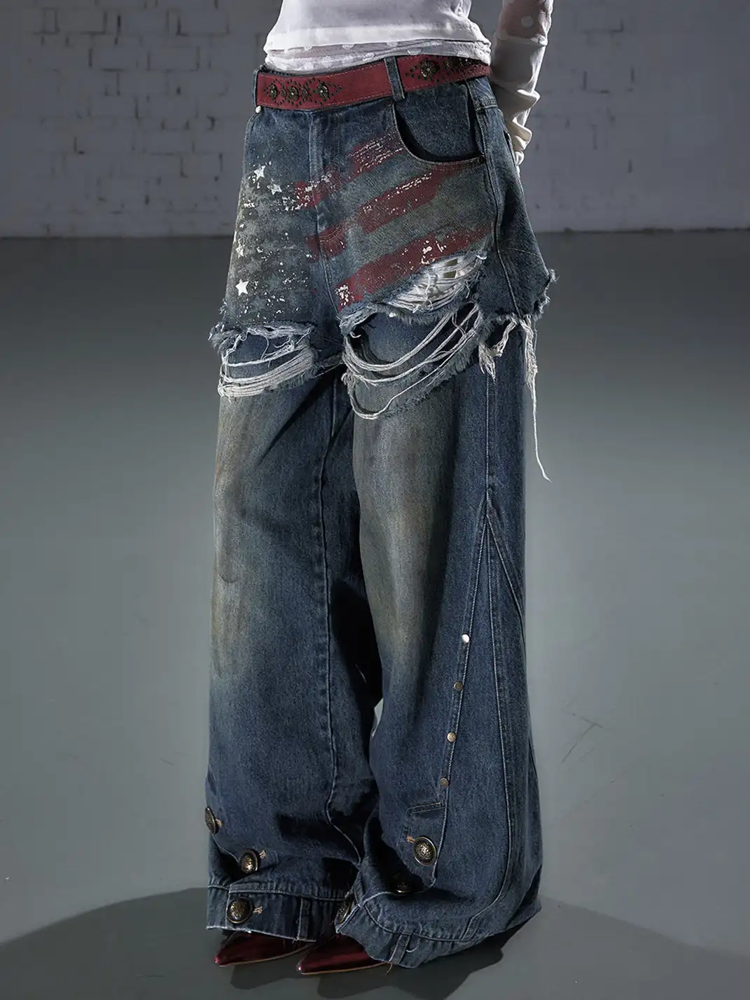 NO ROMANCE | Printed Fake Two-Piece Wide Leg Jeans