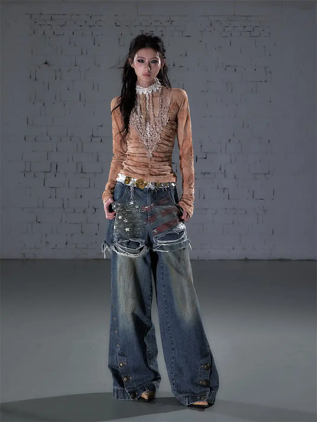 NO ROMANCE | Printed Fake Two-Piece Wide Leg Jeans