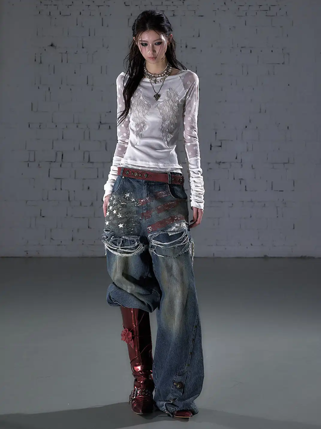 NO ROMANCE | Printed Fake Two-Piece Wide Leg Jeans