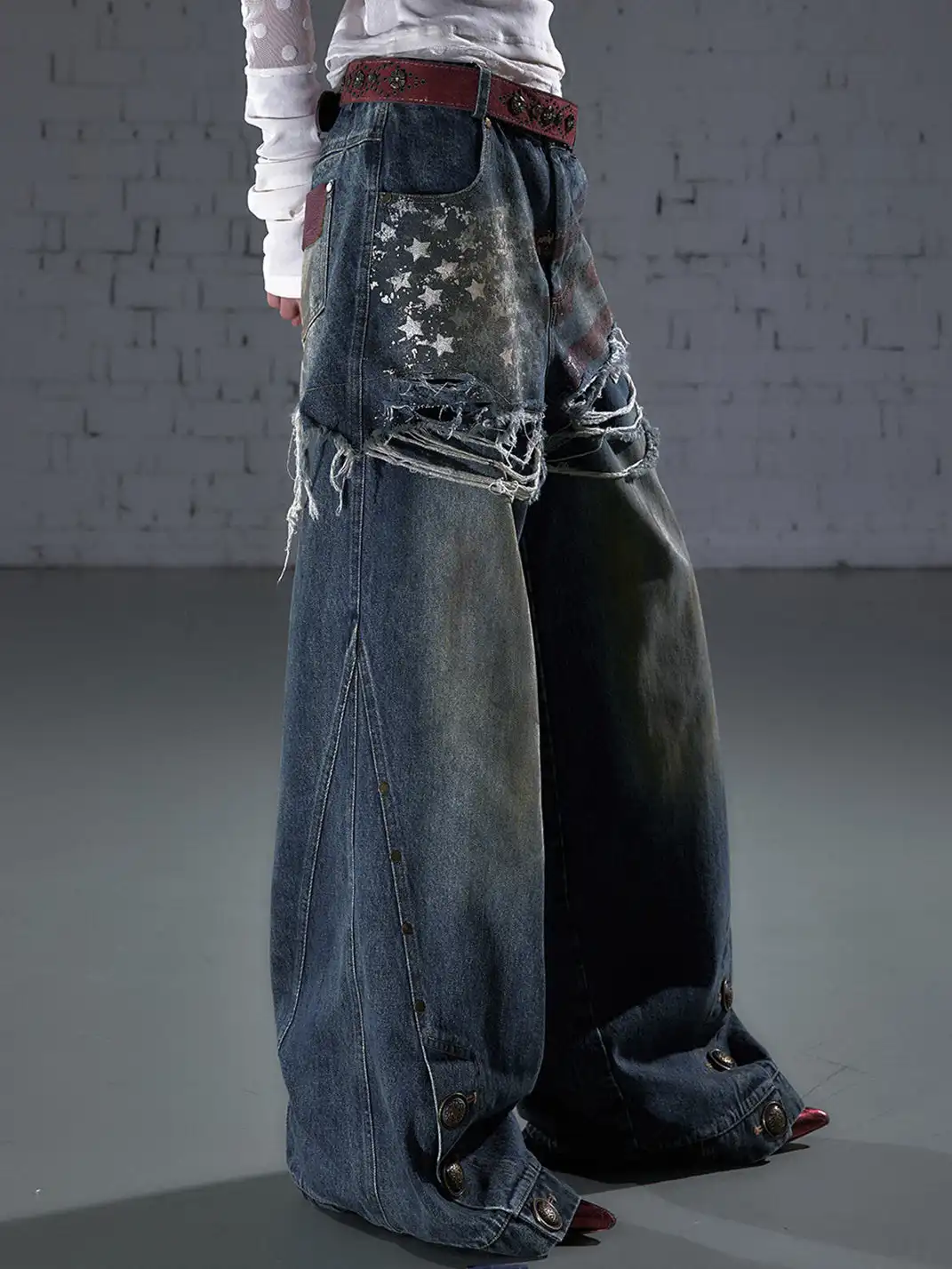 NO ROMANCE | Printed Fake Two-Piece Wide Leg Jeans