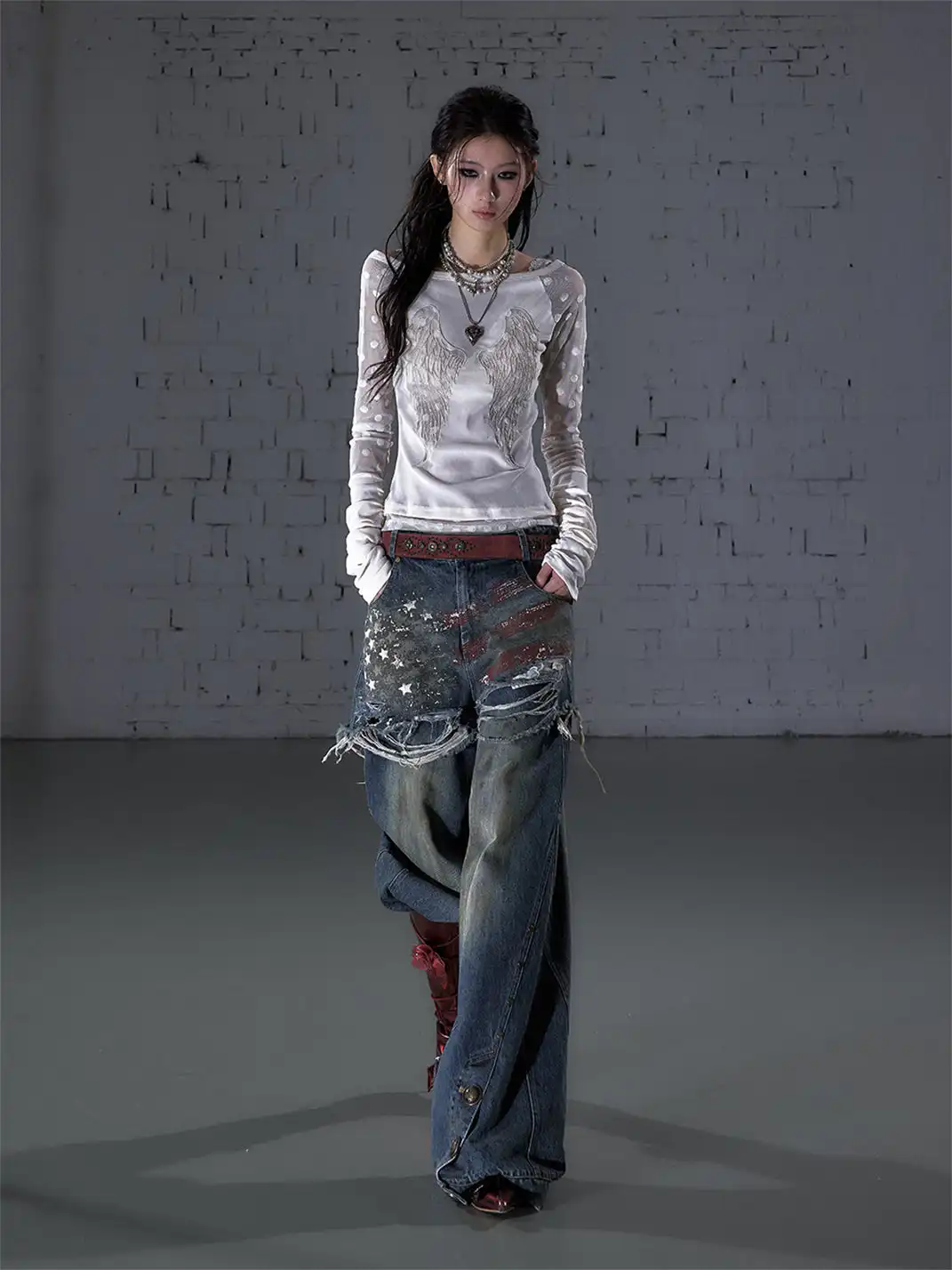 NO ROMANCE | Printed Fake Two-Piece Wide Leg Jeans