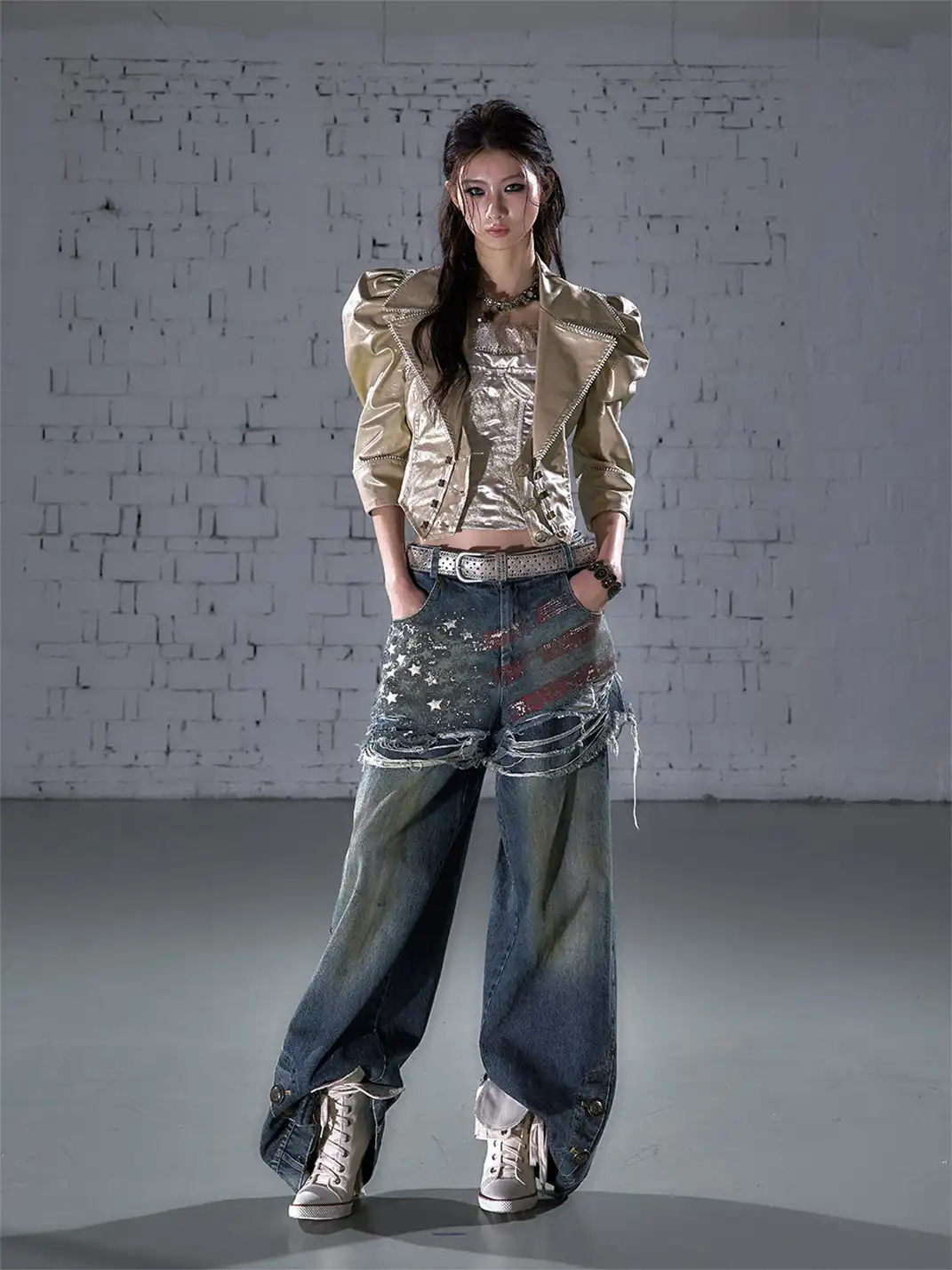 NO ROMANCE | Printed Fake Two-Piece Wide Leg Jeans